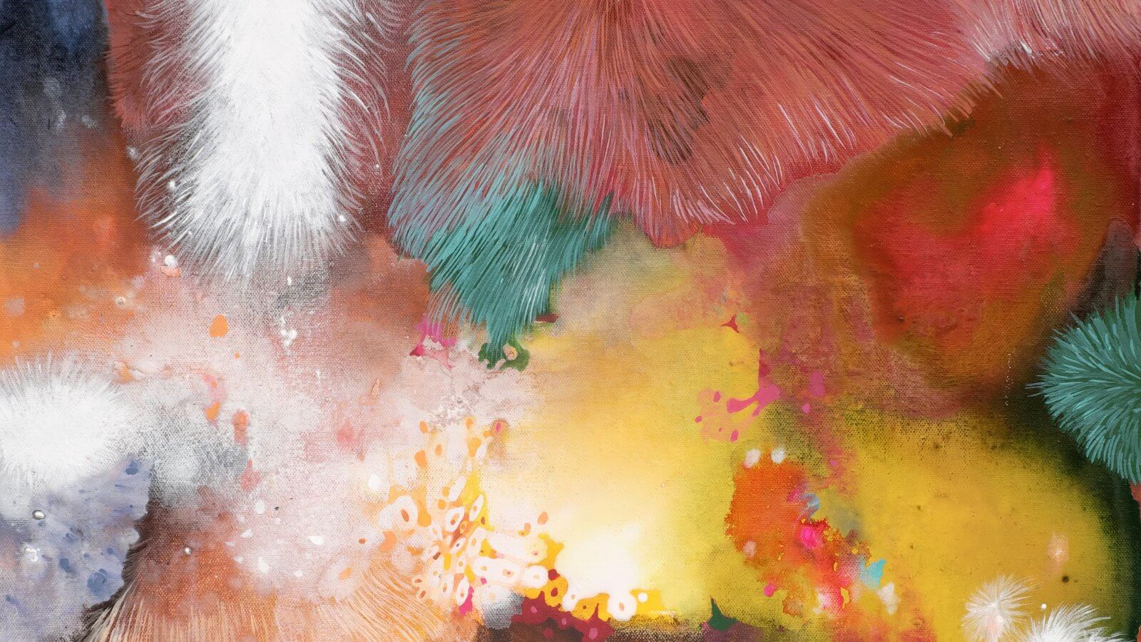Colorful abstract art with vibrant textures and organic shapes, featuring shades of red, yellow, and green.