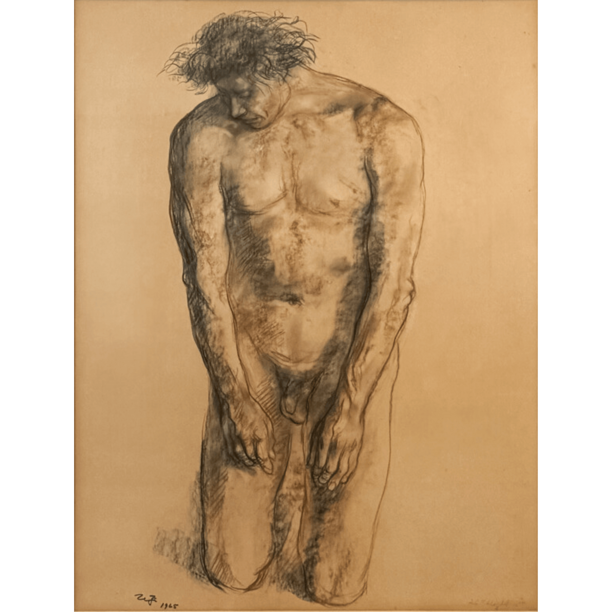 "Desnudo by Francisco Zúñiga, 1965 charcoal drawing of a nude figure in a white gold leaf frame, figurative art style, 48x64 cm."