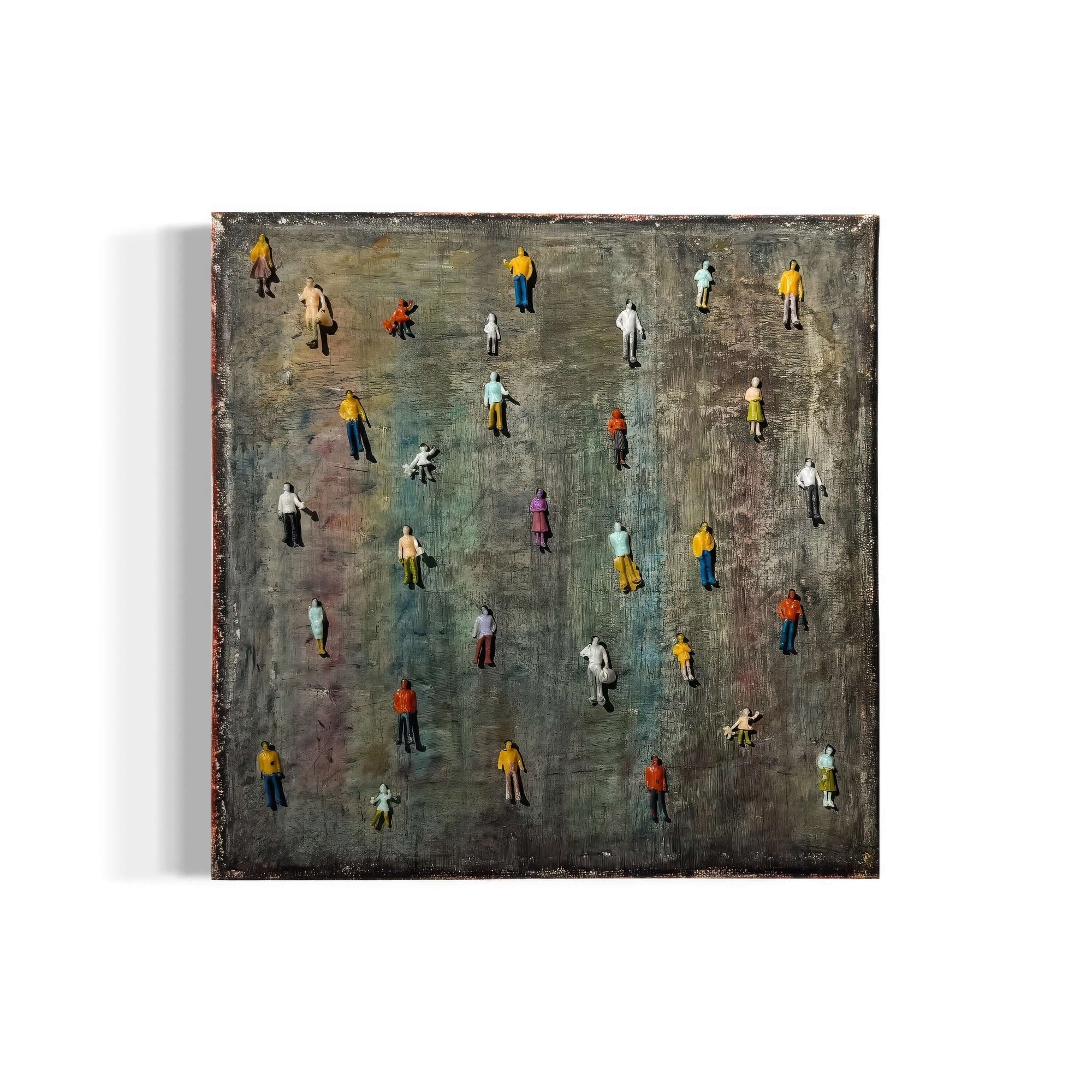 Mixed media artwork 'Imperfection' featuring miniature figures on a textured surface by artist Bryce.