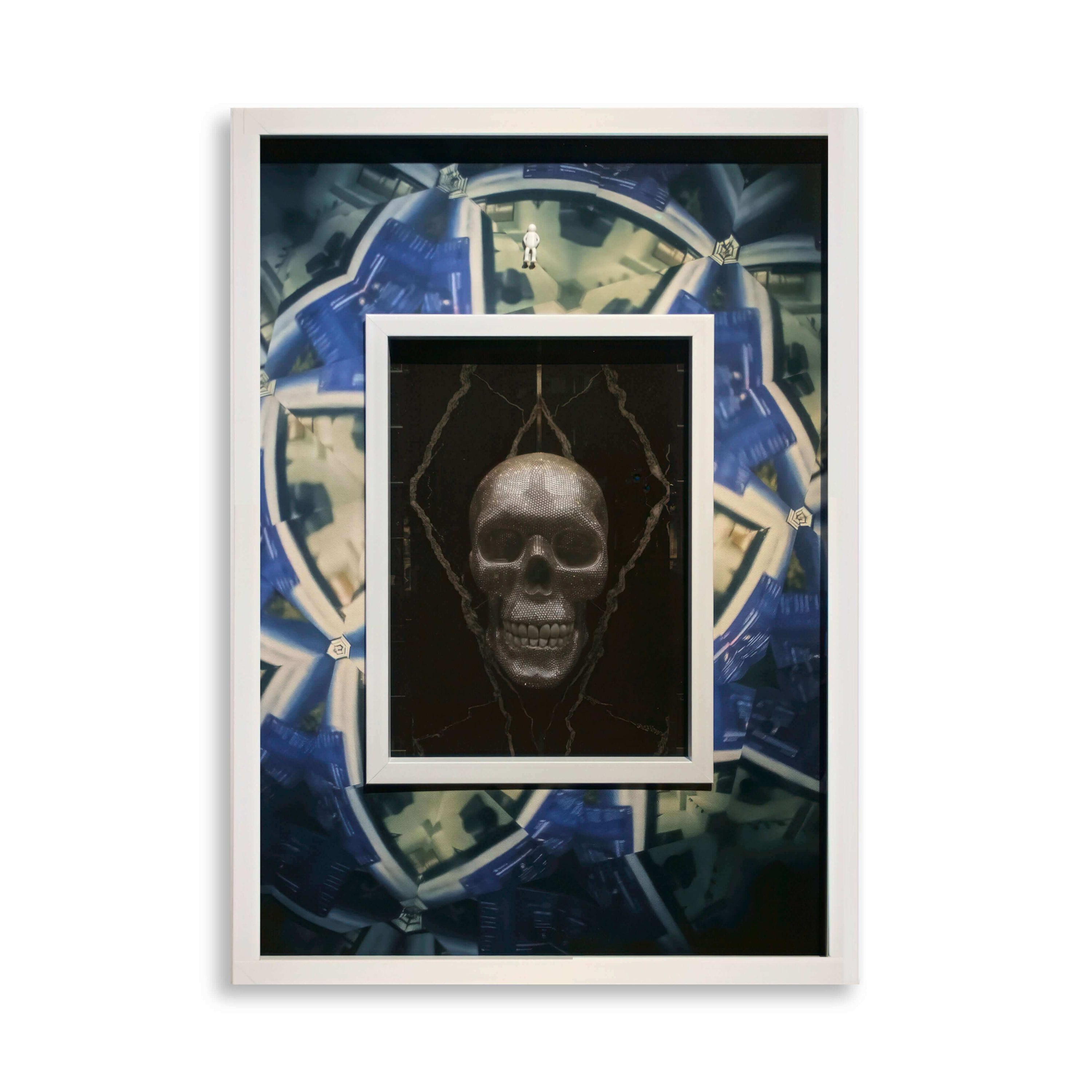 Silent End, 2025 art piece featuring a central skull design surrounded by a circular blue and gray pattern.