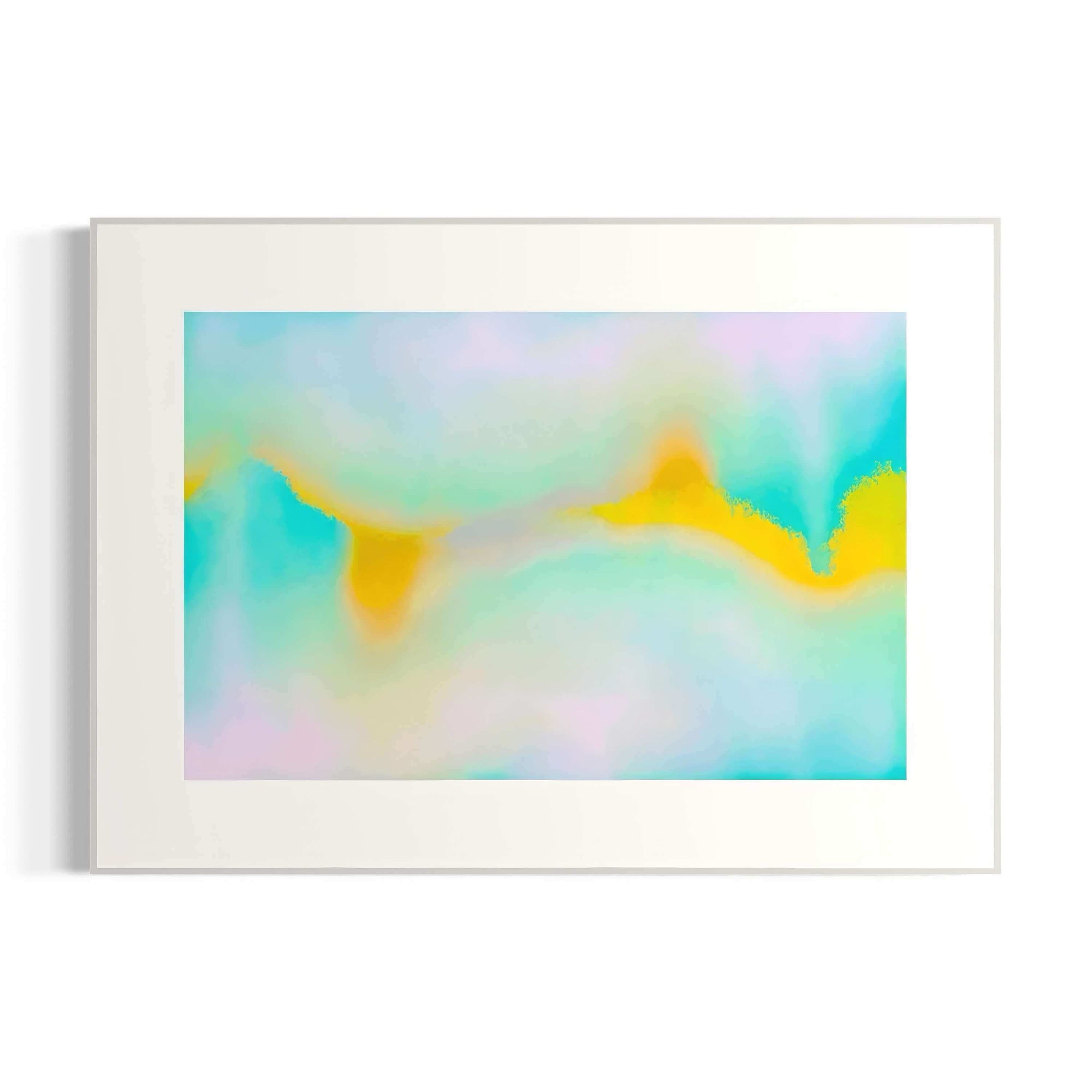 Abstract artwork featuring vibrant blue, yellow, and pink hues, framed and ready to enhance any space.