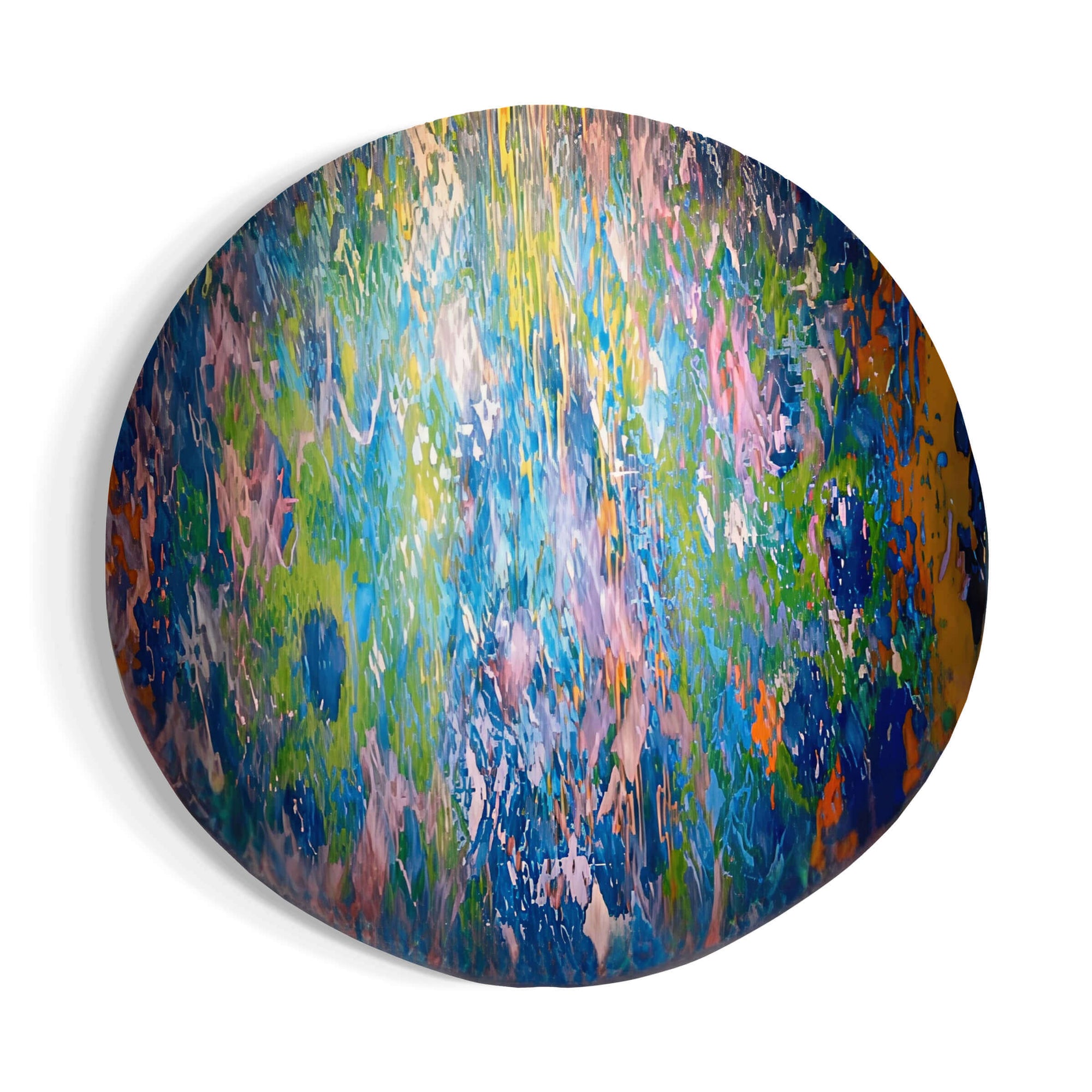 Vibrant abstract artwork 'Continuity' by Bryce, featuring multi-colored textures on a circular ILFORD GALERIE medium, 2024.
