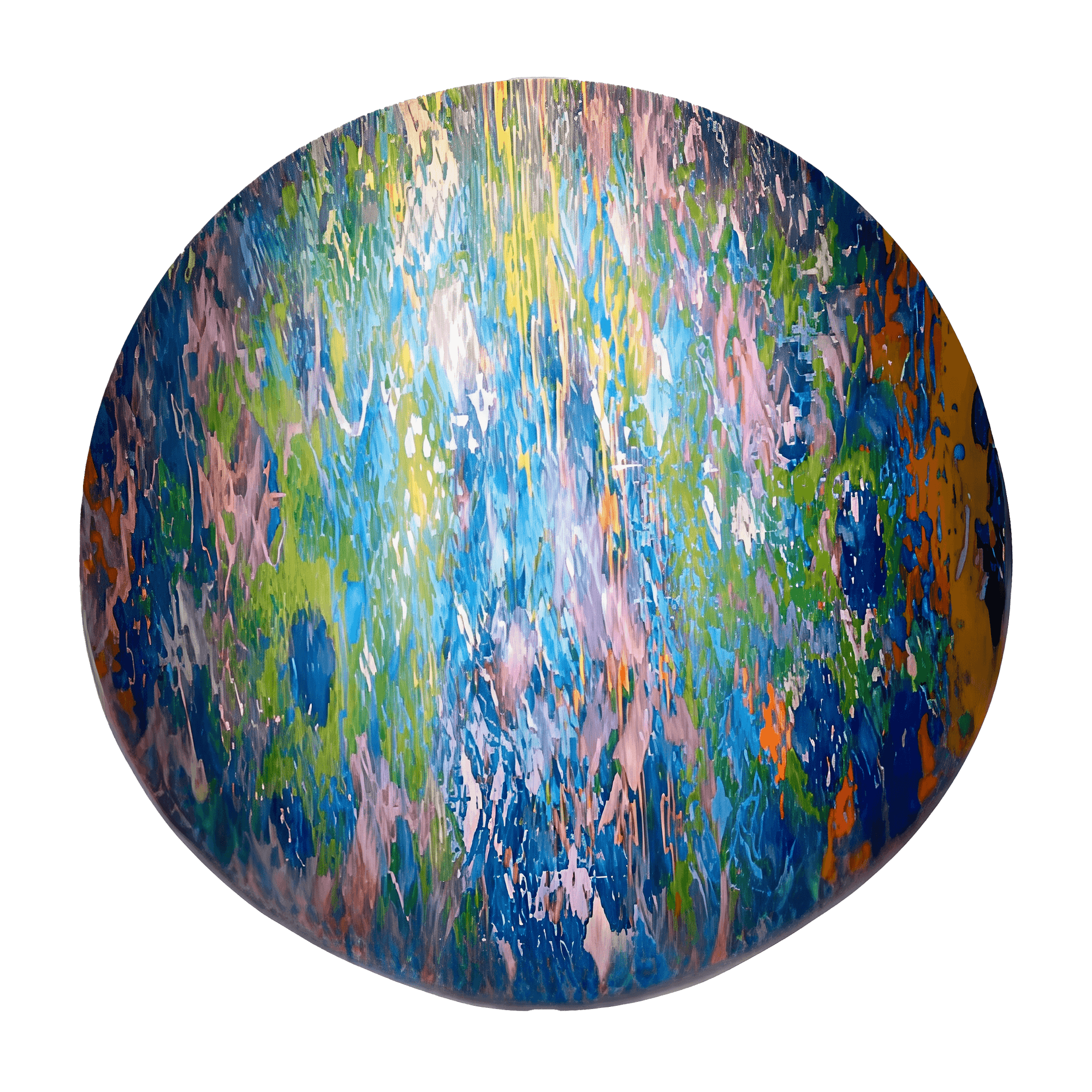 Vibrant abstract painting featuring swirling blue, green, and pink colors in a circular design.