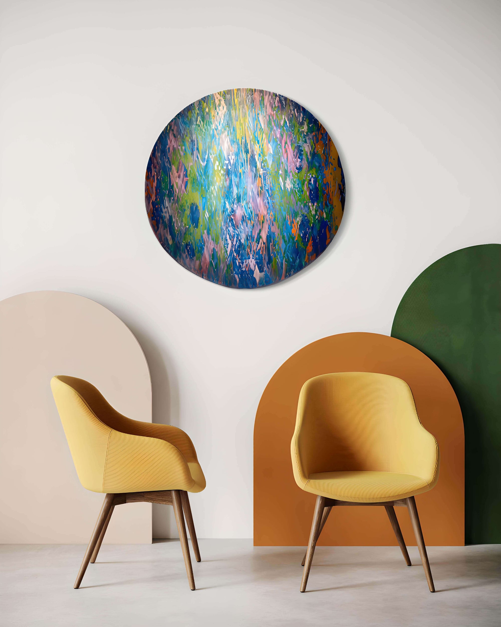 Abstract artwork 'Continuity' by Bryce, featuring vibrant colors on a circular mount in a modern interior setting.