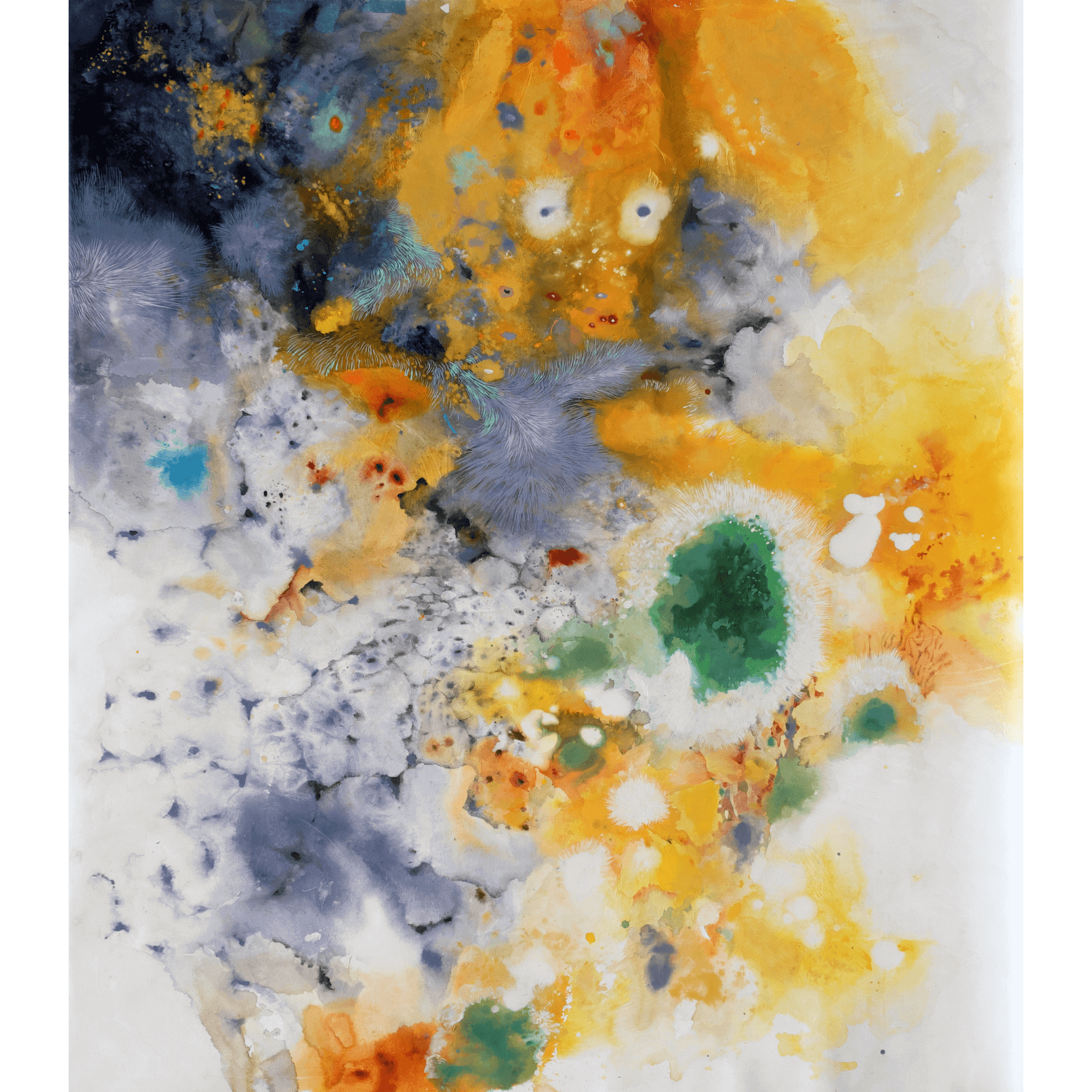 Abstract expressionist artwork by Supmanee Chaisansuk, showcasing vibrant yellows, greens, and textures.