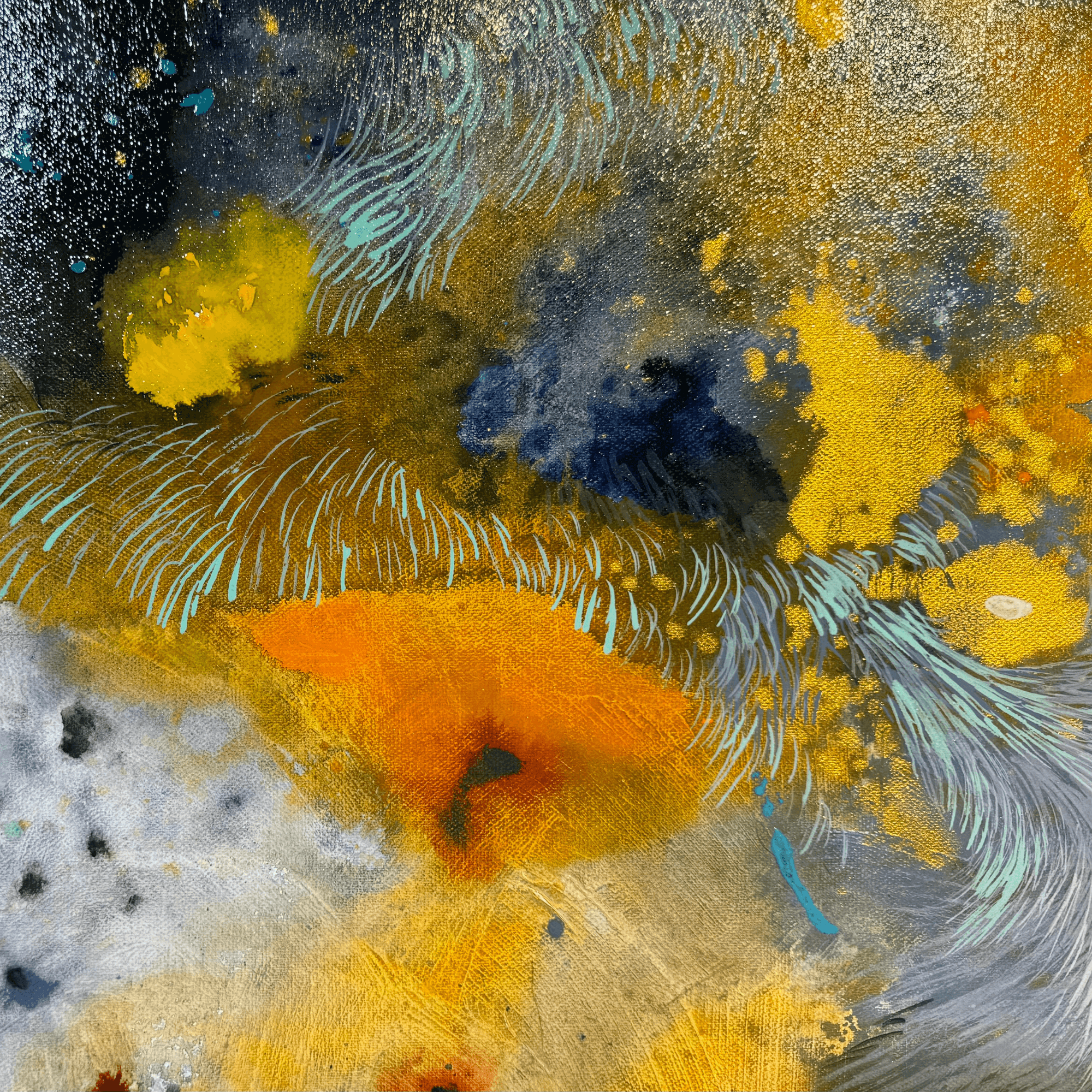 Abstract expressionism artwork by Supmanee Chaisansuk, vibrant colors in textured layers, exploring nature's decay.