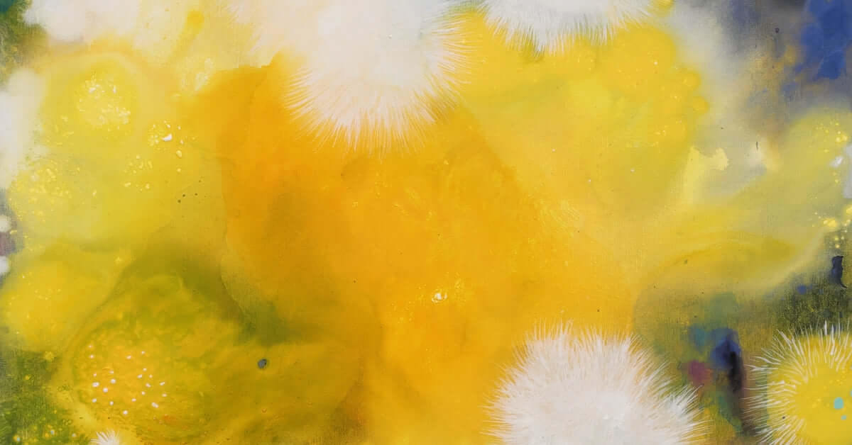 Abstract painting with bright yellow hues, soft white textures, and hints of blue, evoking a vibrant and dreamy atmosphere.