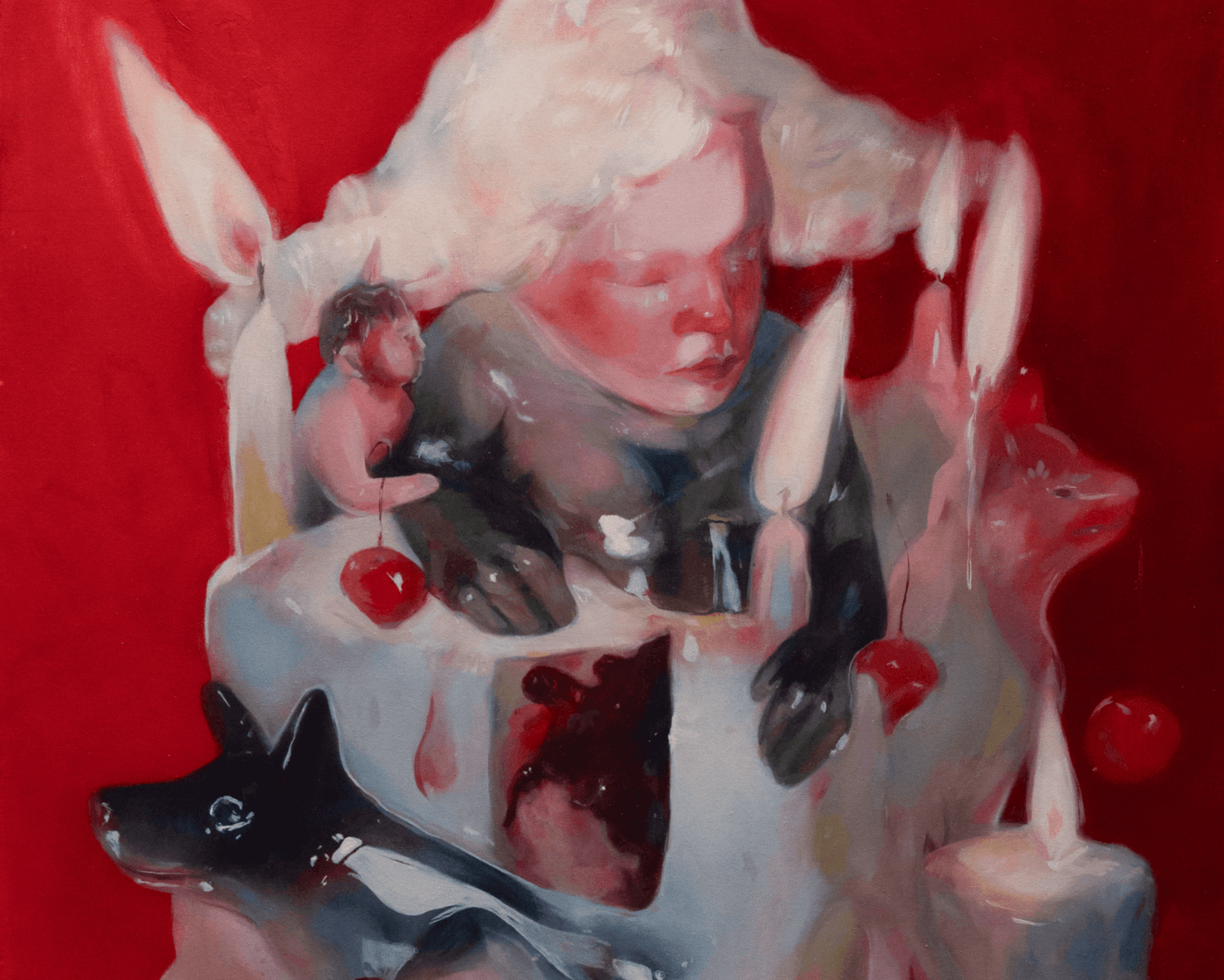 Abstract surrealist painting by Yasy Bachurina depicting intense childhood moments with whimsical elements.