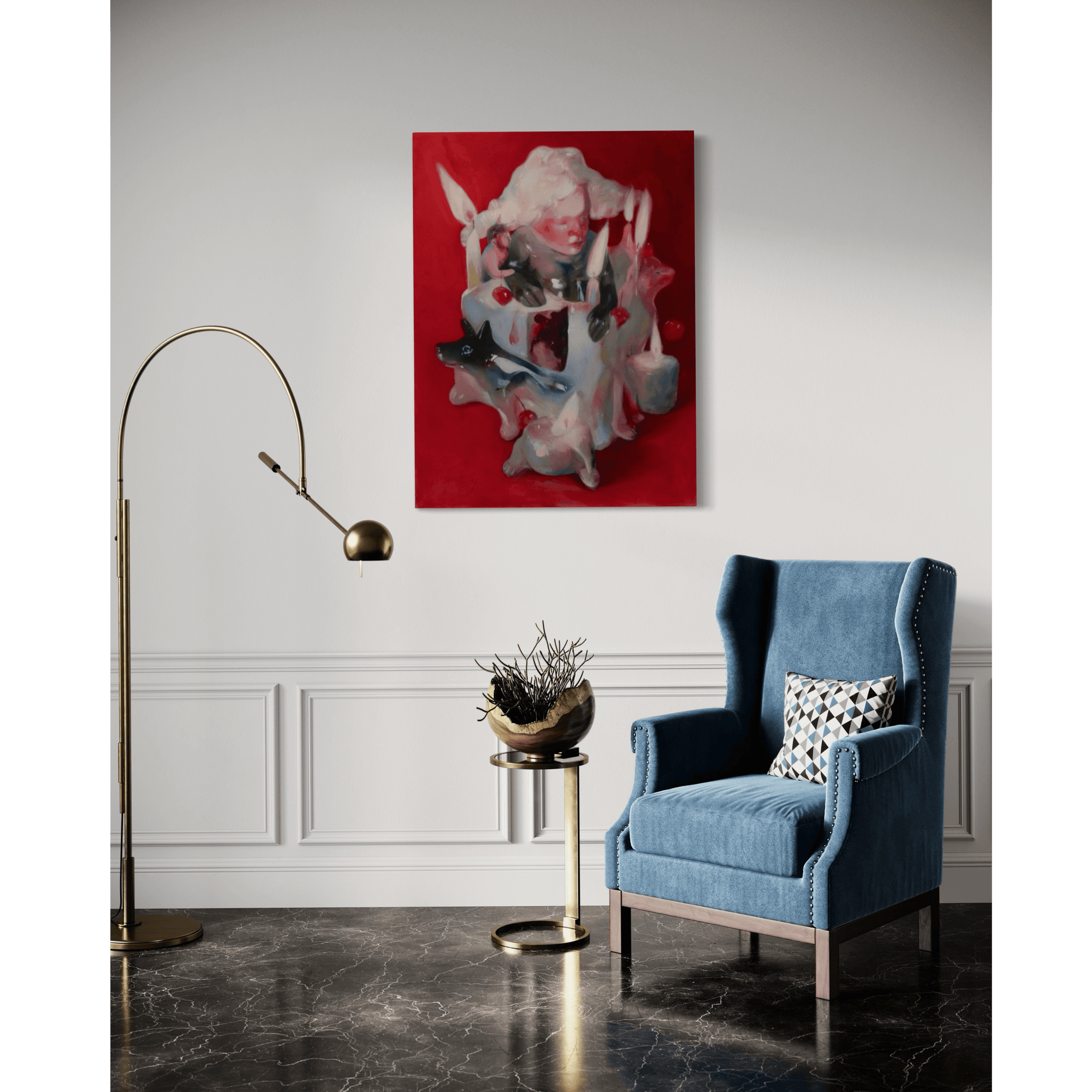 Abstract surrealist painting 'Extreme 1' by Yasy Bachurina on red canvas in a modern interior setting.