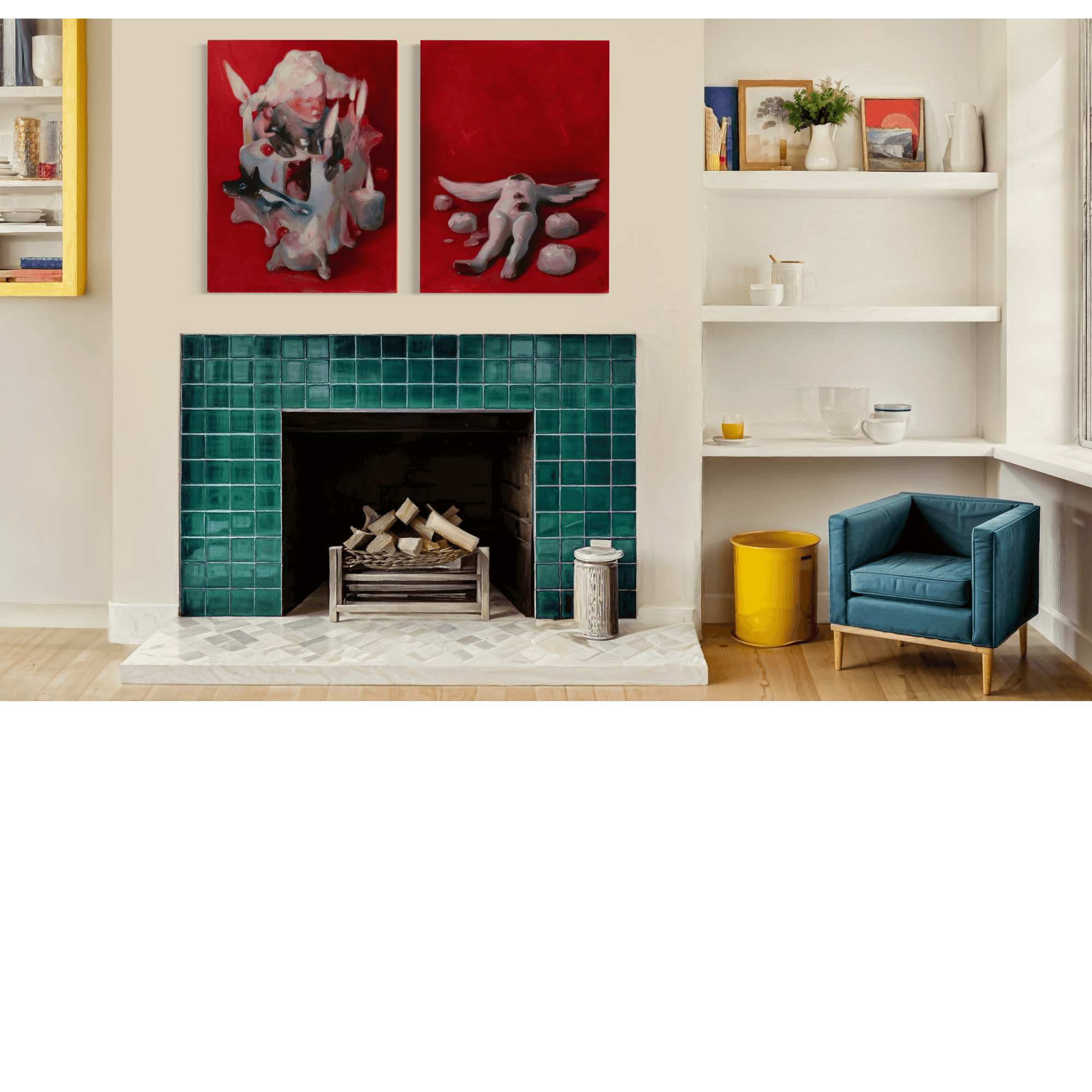 A chic living room featuring abstract artwork above a green tiled fireplace, with a cozy chair and modern decor.