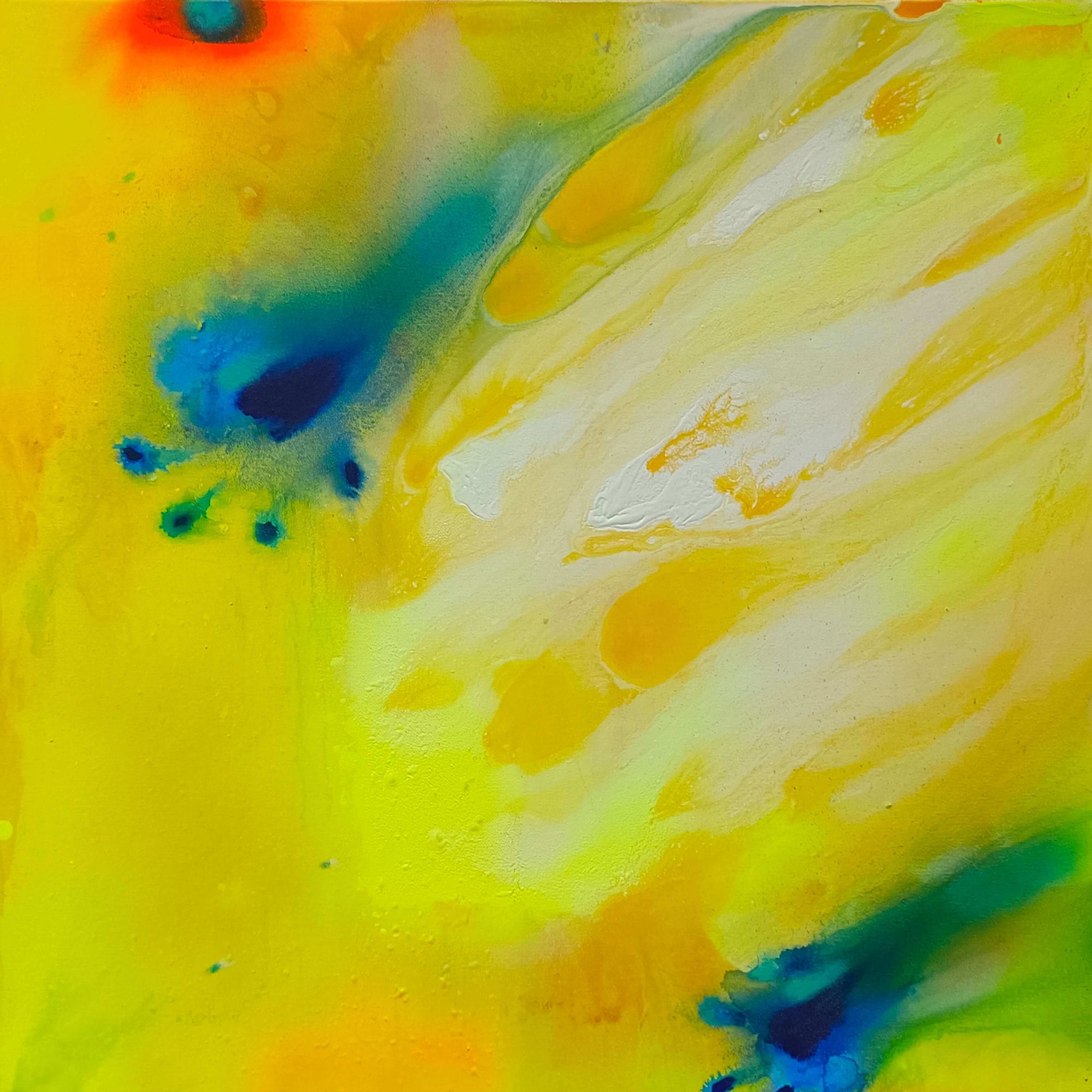 Abstract acrylic painting in vivid yellow with fluid brushwork and colorful blue accents, 2024 artwork by Supmanee Chaisansuk.