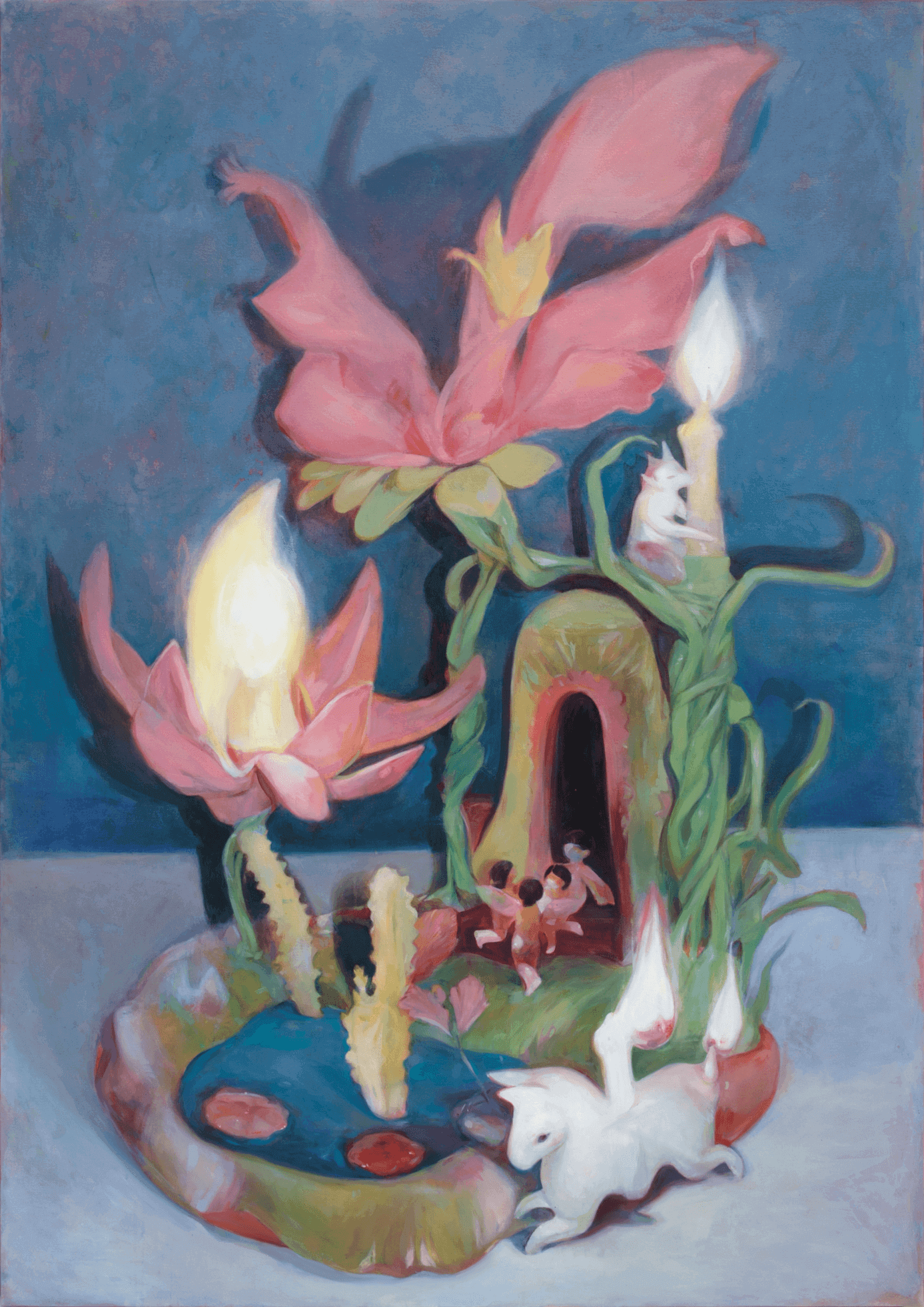 Fantasy scene with large pink flowers, glowing lights, a pond, and whimsical creatures near a small cave-like structure.