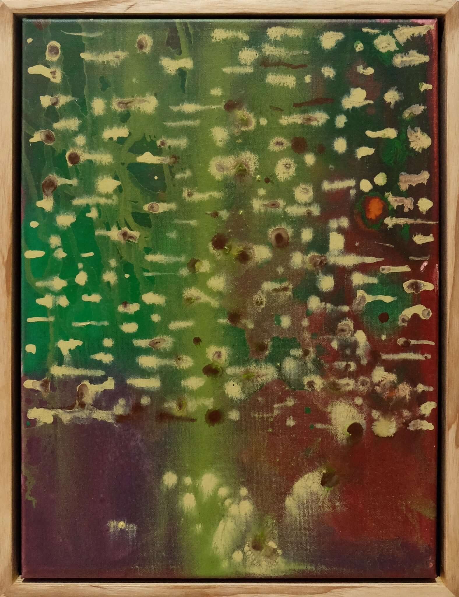 Abstract artwork featuring a blend of green, white, and red colors with a textured surface.