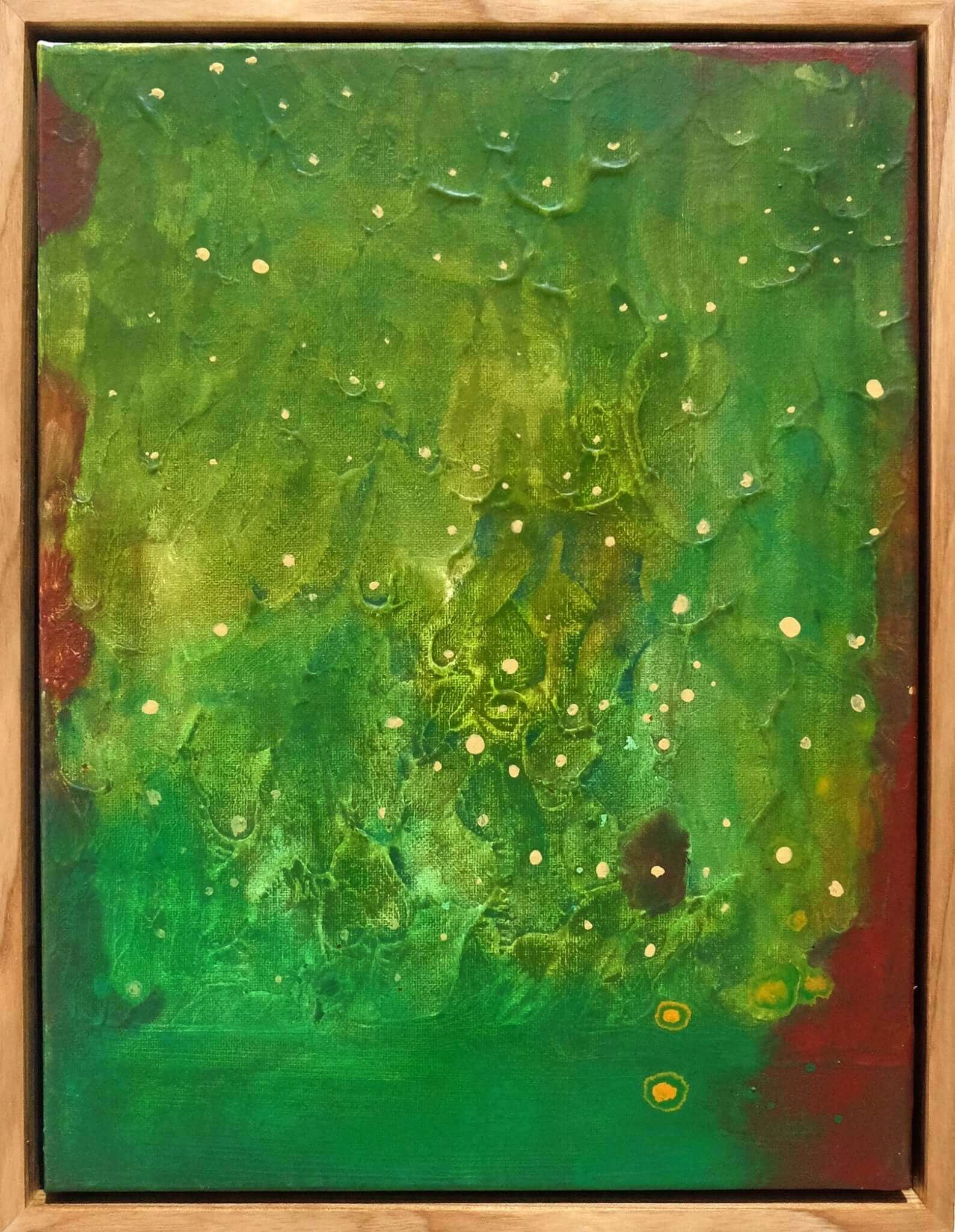 Abstract acrylic painting 'Memories of Green 07' by Supmanee Chaisansuk, showcasing vibrant green hues and textured surface.