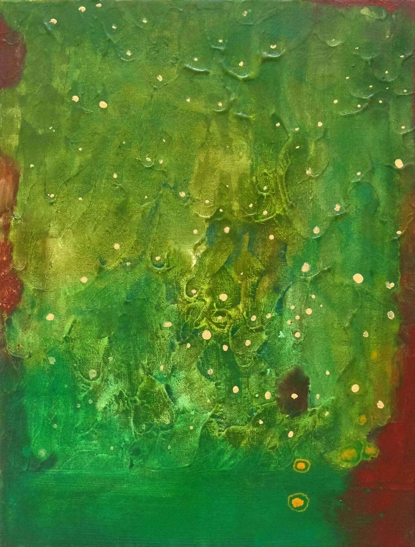 Green abstract acrylic painting by Thai artist Supmanee Chaisansuk. Inspired by nostalgic memories of nature. Framed, ready to hang, 40x30 cm.