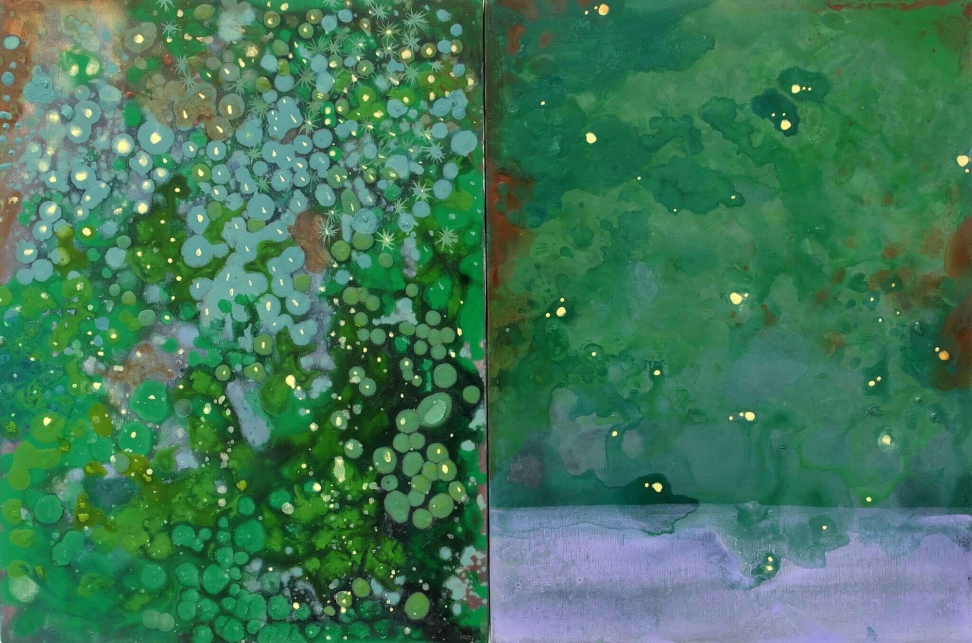 Abstract acrylic painting by Thai artist Supmanee Chaisansuk, titled "Green of Ground," featuring vibrant greens and textures, 2021.