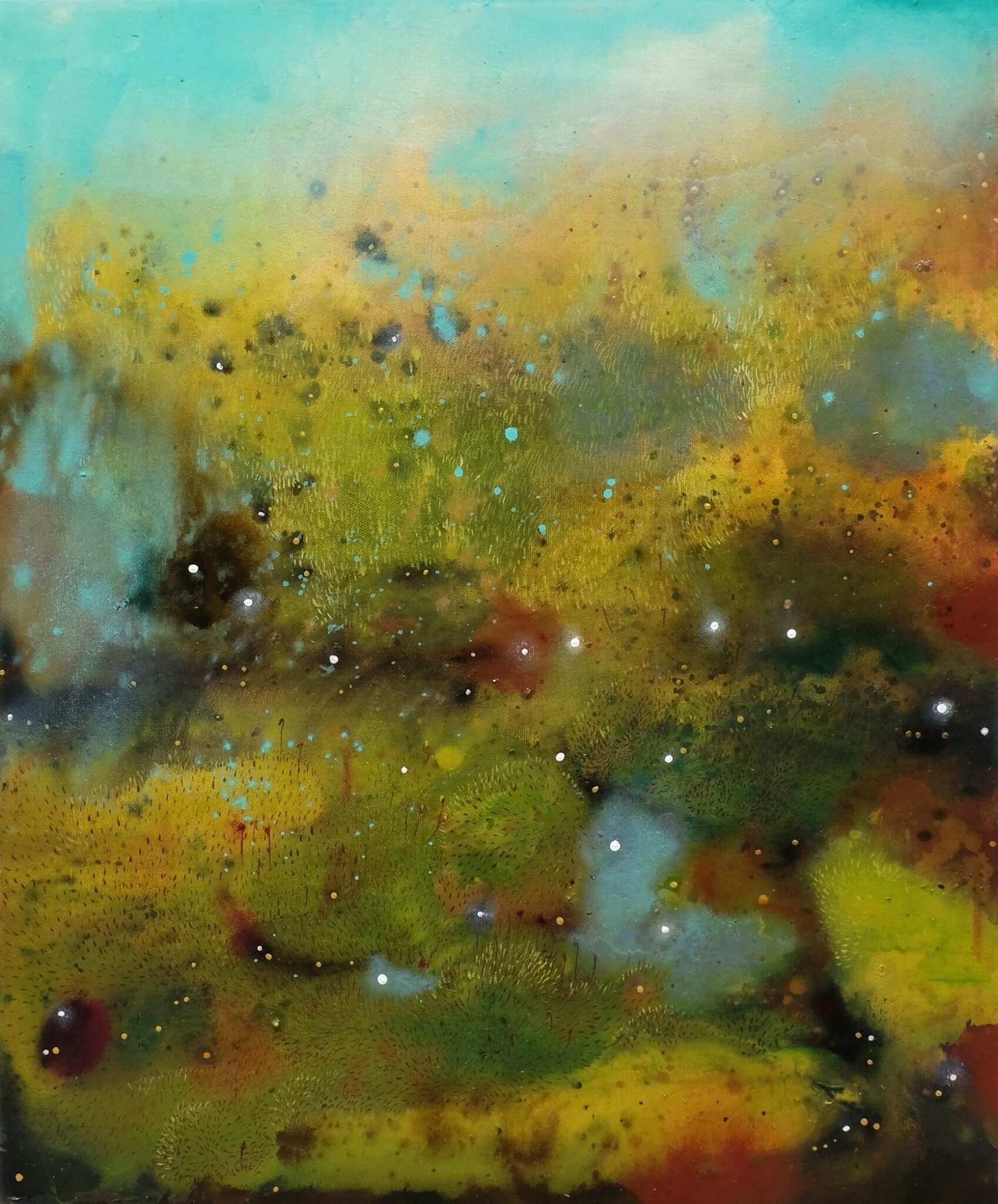 Abstract art depicting a colorful blend of yellow, green, and blue hues with specks of white resembling stars.