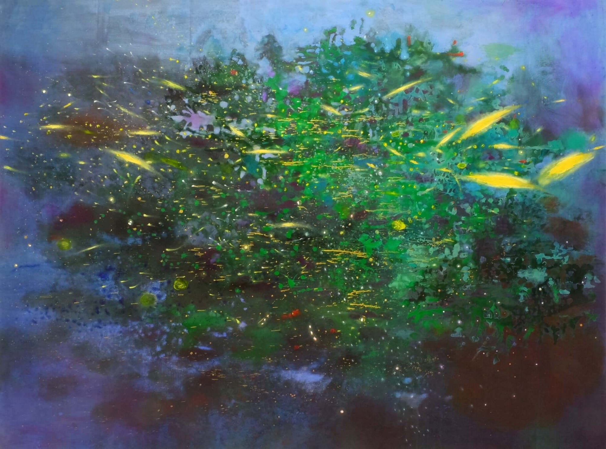 Abstract painting featuring vibrant greens and yellows on a blue background, evoking a dreamy, lively landscape.