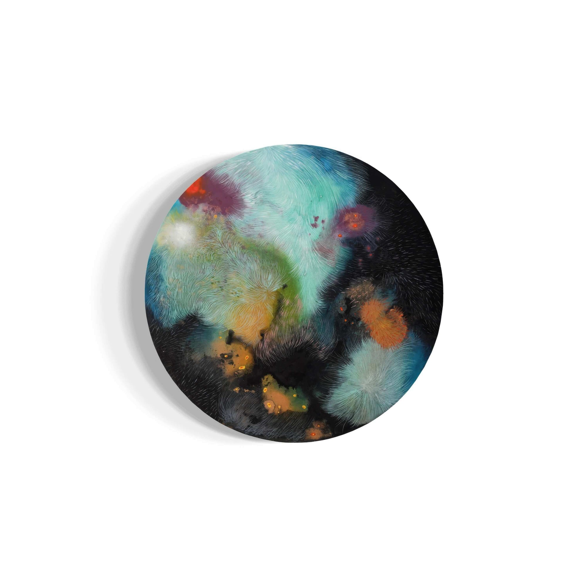 Fur Scape 01 by Supmanee Chaisansuk, abstract circular painting, textured surface, contemporary landscape art, 50 cm diameter.
