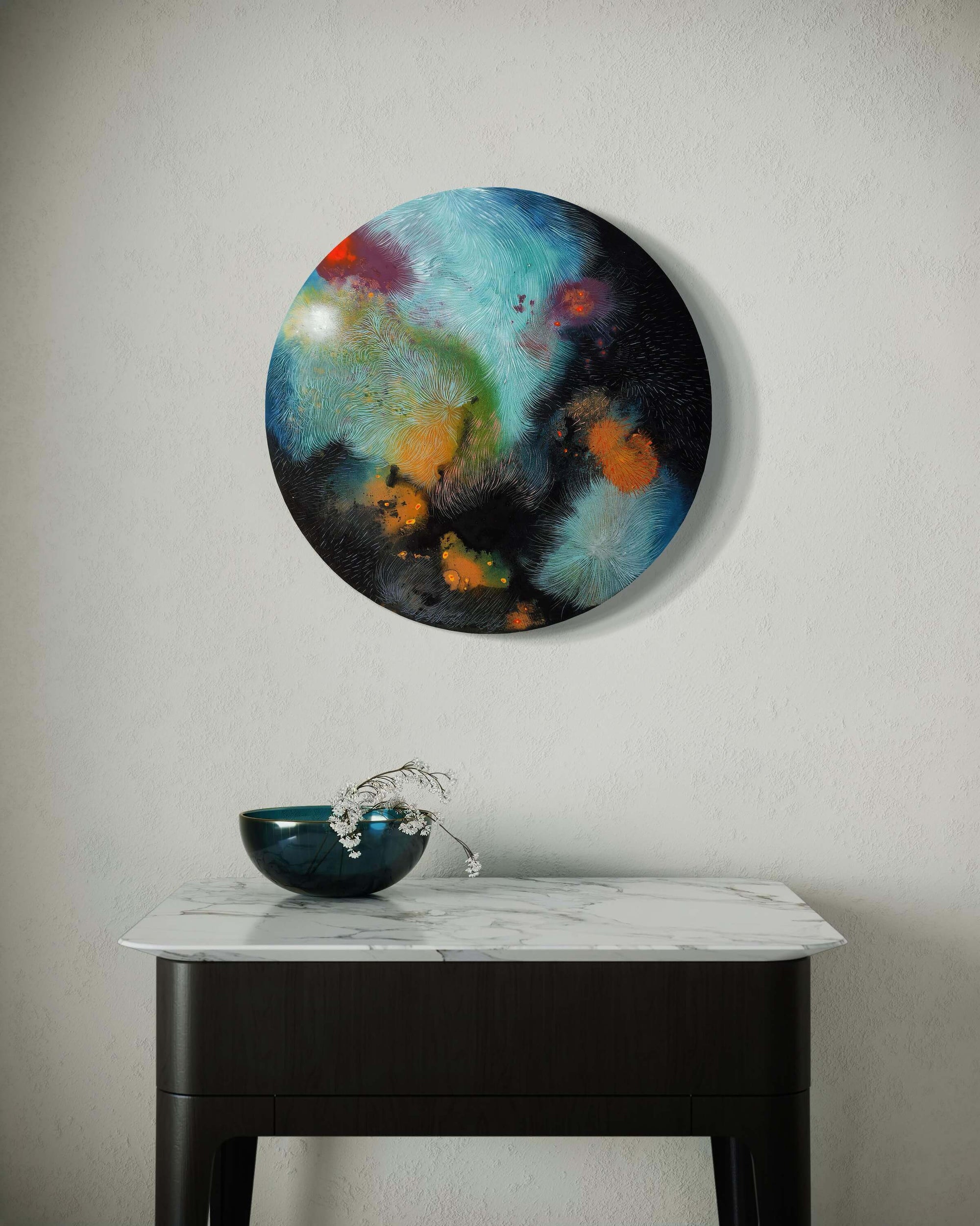 Abstract circular painting 'Fur Scape 01' by Supmanee Chaisansuk, showcasing vibrant colors on a textured surface.
