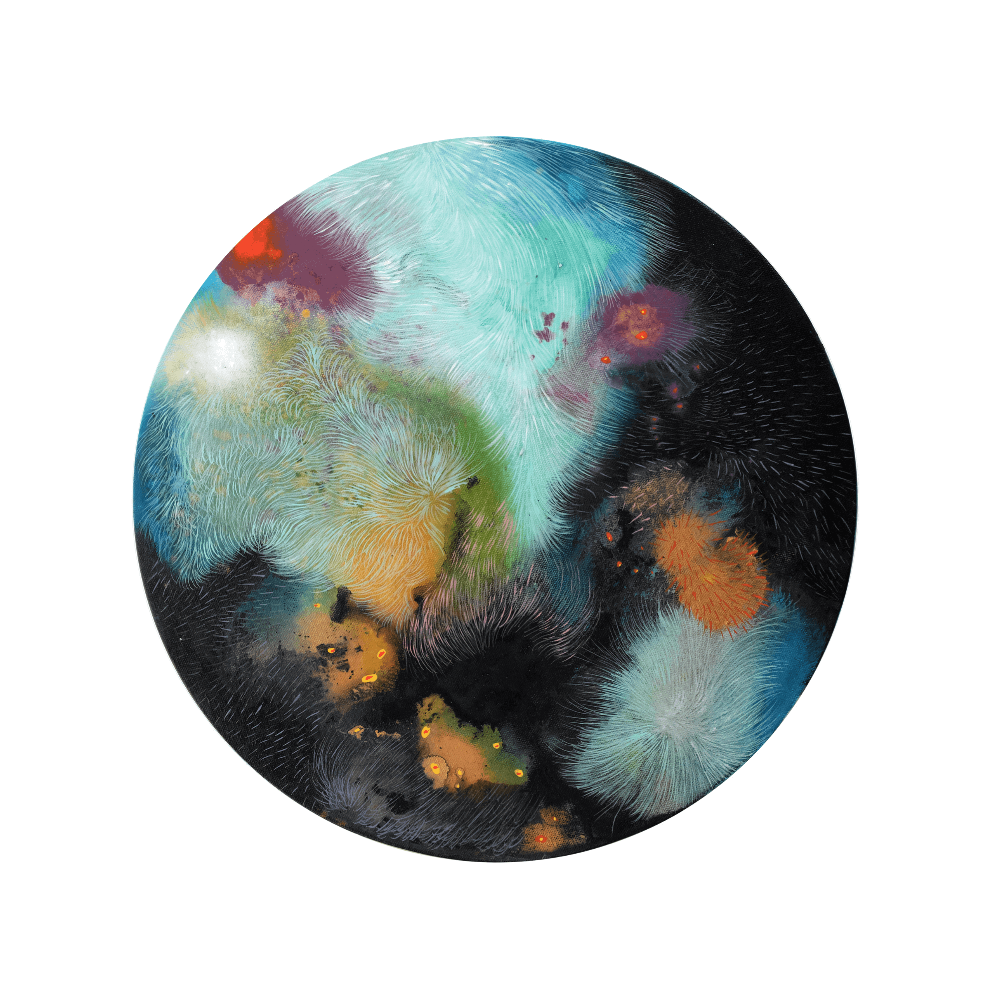 Abstract circular artwork with vibrant colors and fluid brushstrokes in blue, black, orange, and purple hues.