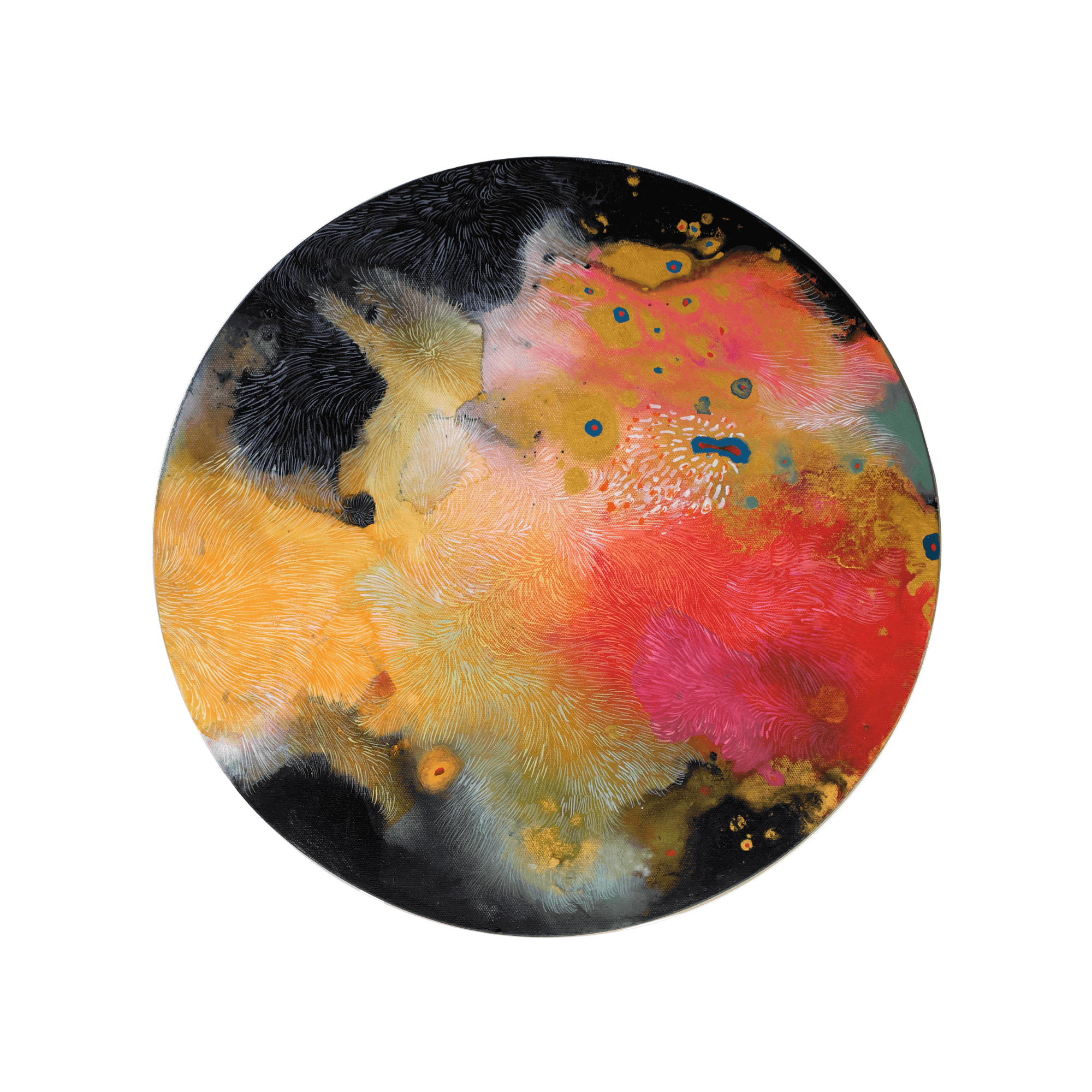 Abstract expressionism painting "Fur Scape 02" by Supmanee Chaisansuk, round acrylic canvas, vibrant colors, 50cm diameter.
