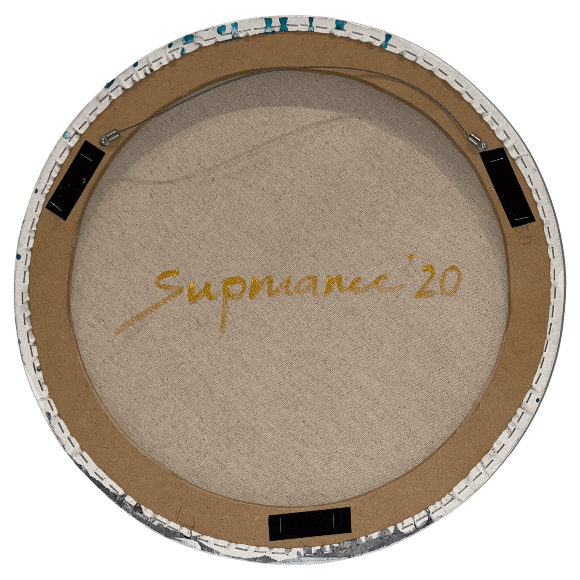 Back view of Fur Scape 01 by Supmanee Chaisansuk, showing signature and round canvas framing details.