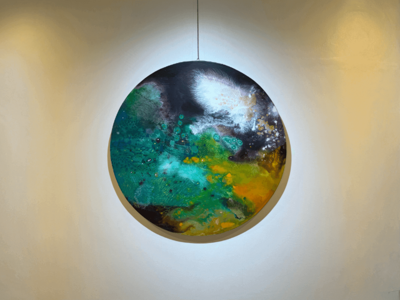 Abstract expressionism artwork by Supmanee Chaisansuk, round acrylic painting with vibrant colors, 60 cm diameter.