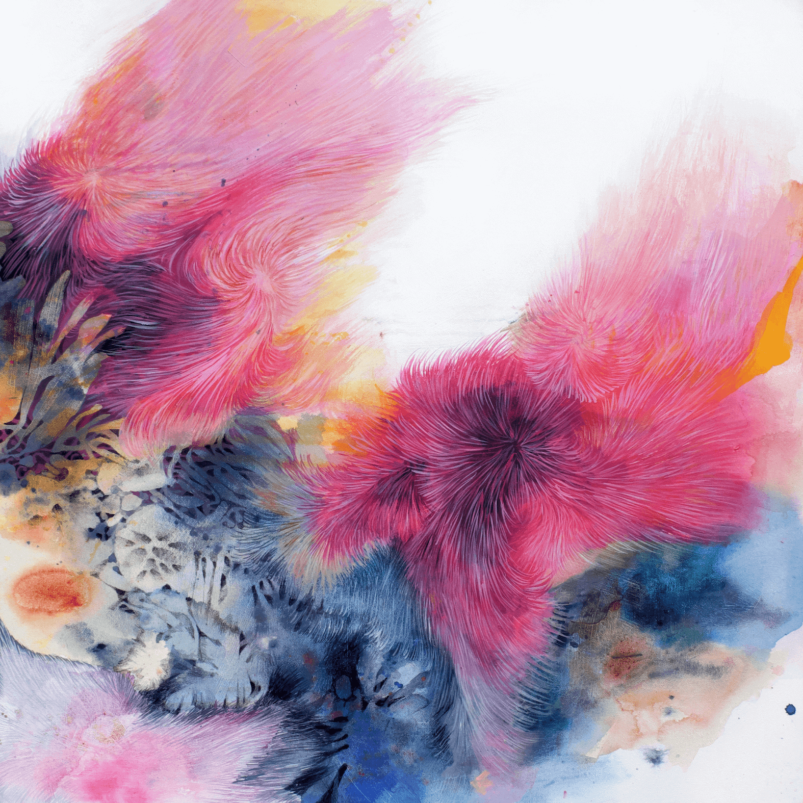 Abstract expressionism artwork with vibrant pink and blue textures by artist Supmanee Chaisansuk.