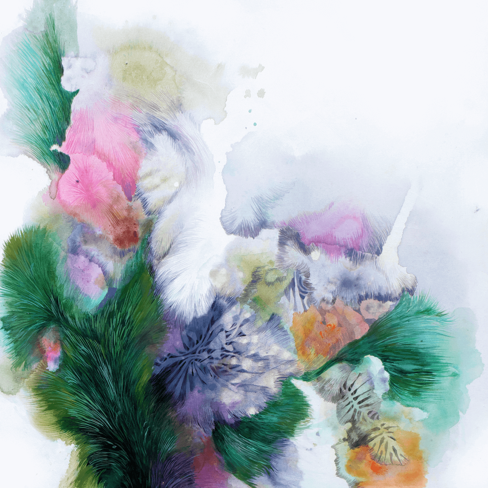 Abstract expressionist painting with vibrant colors and textured surfaces representing interconnected natural elements.