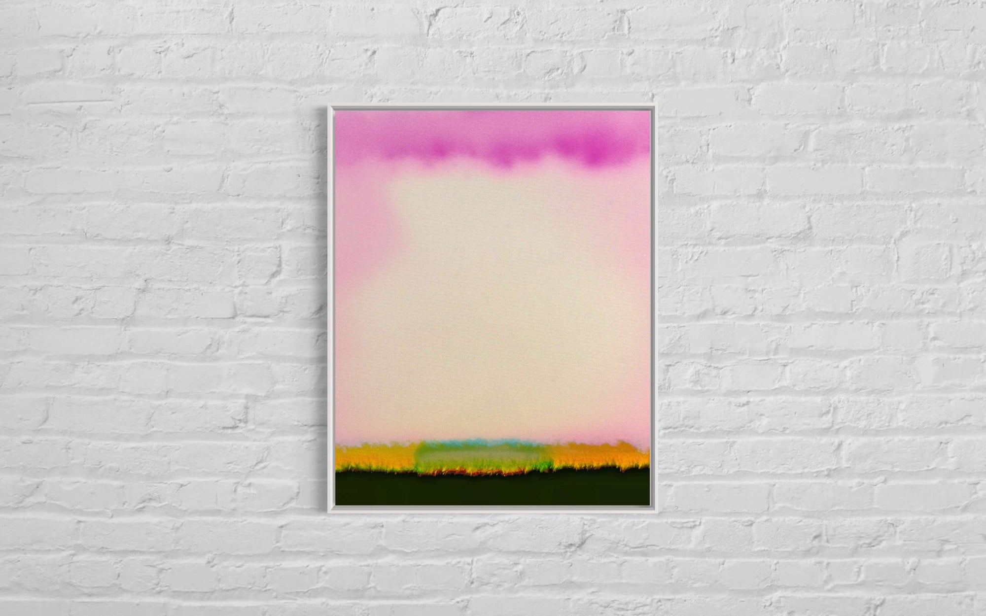 The image shows "Heavy Cloud I," a piece with a pink cloud atop and a hint of bright colours at the bottom, set against a white brick wall. The artwork radiates a calm, thoughtful vibe.