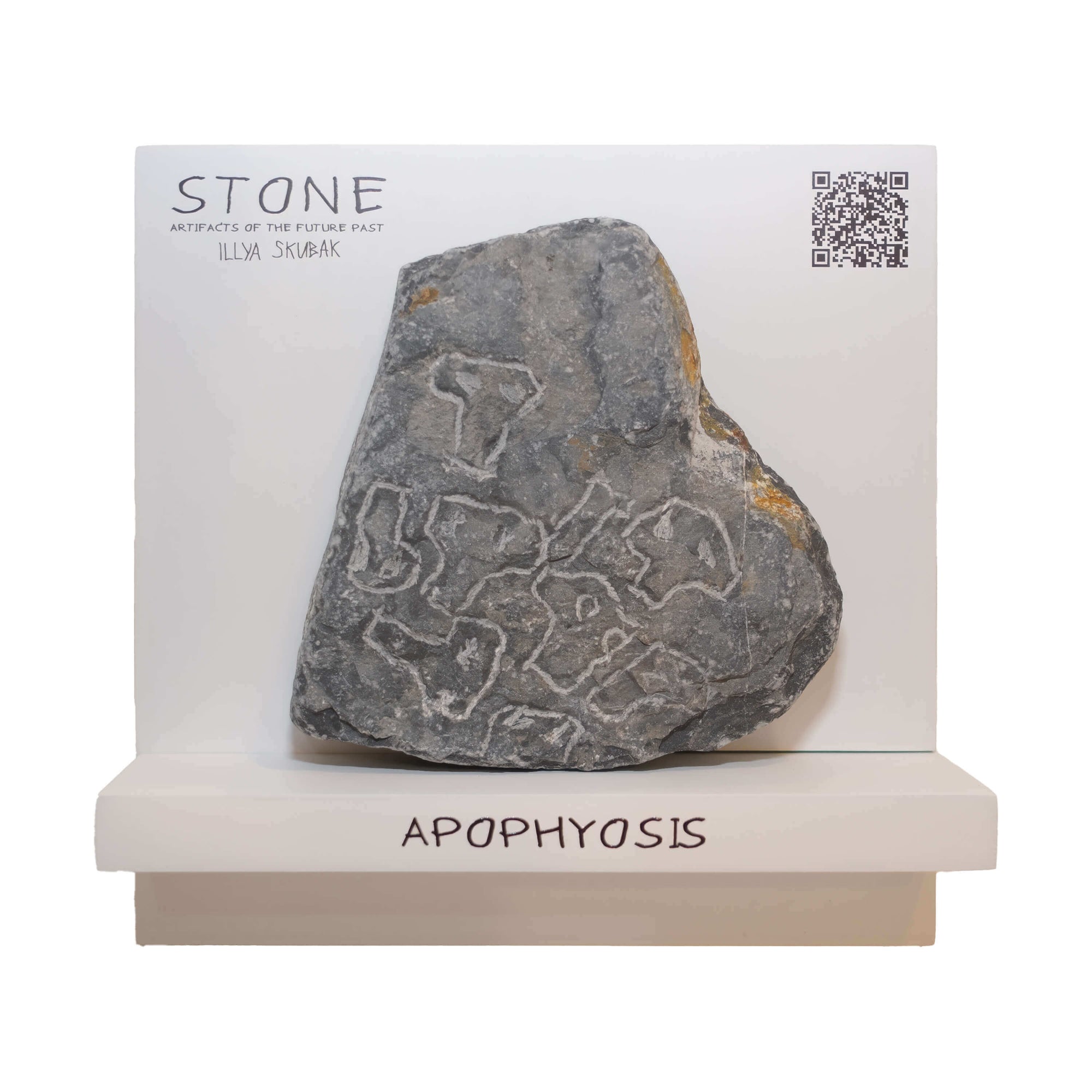 Apophyosis stone artifact showcasing textured surface, displayed on a minimalist stand with accompanying details.