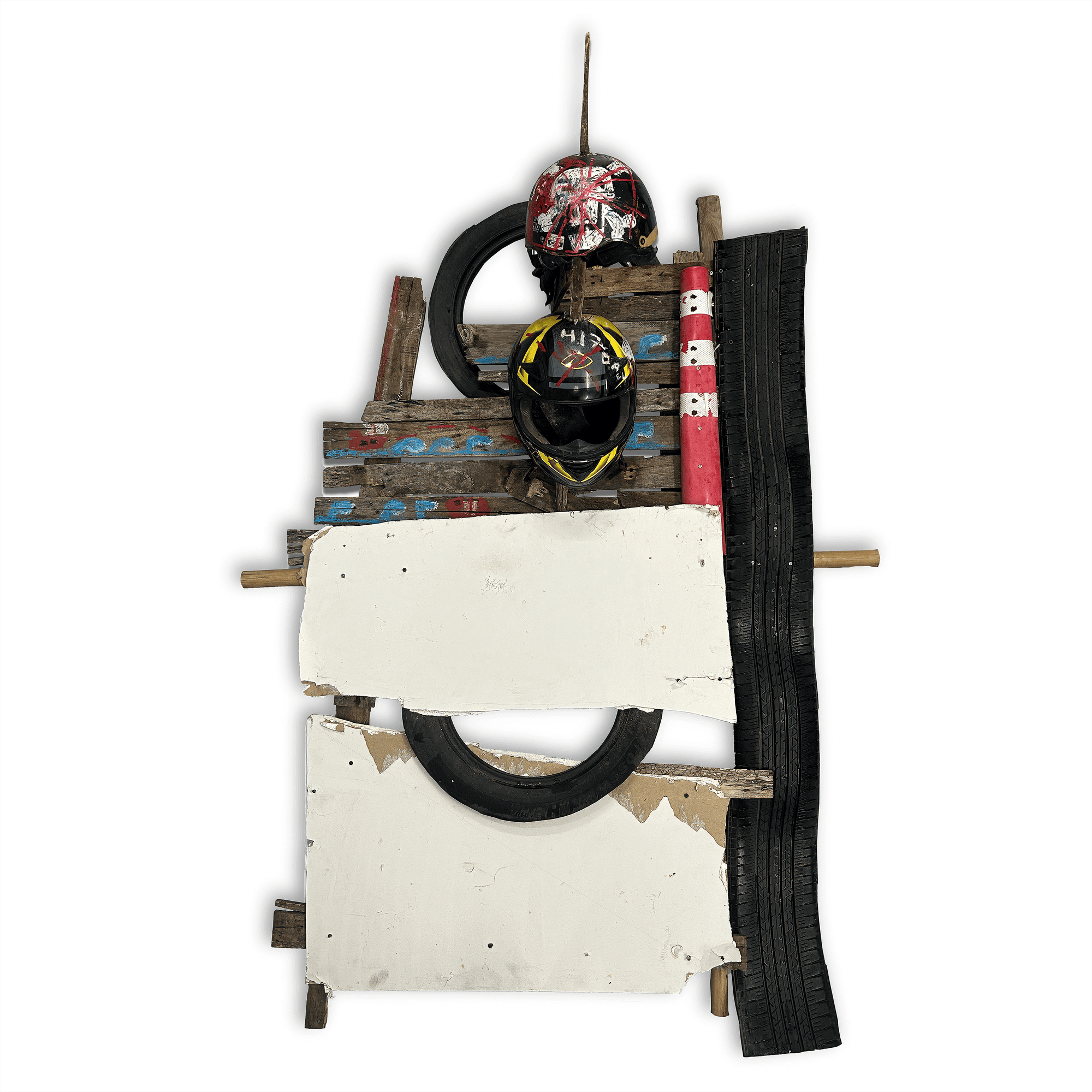 Art installation depicting a creative use of tires, wood, and paint, showcasing unique design by Illya Skubak.