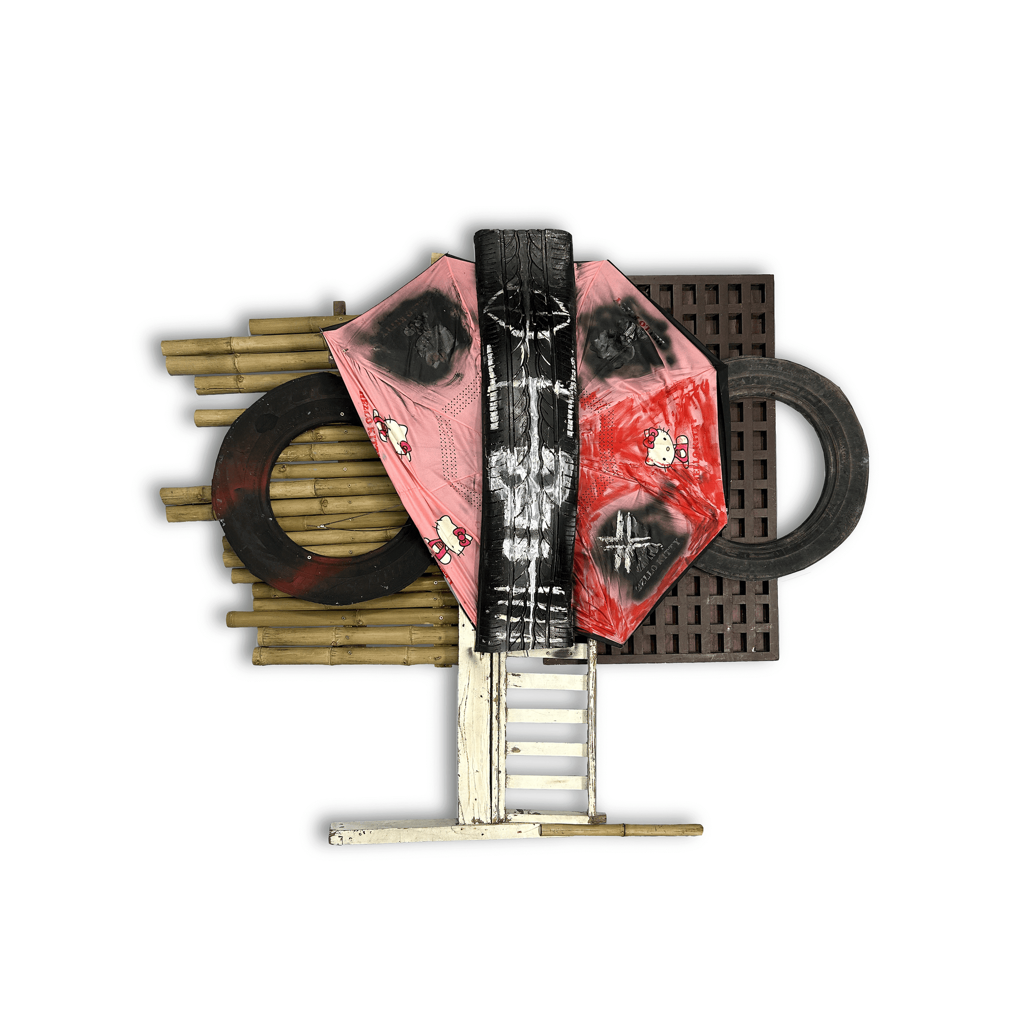 Abstract artwork featuring mixed media elements including tires, bamboo, and vibrant colors, showcasing a contemporary artistic expression.