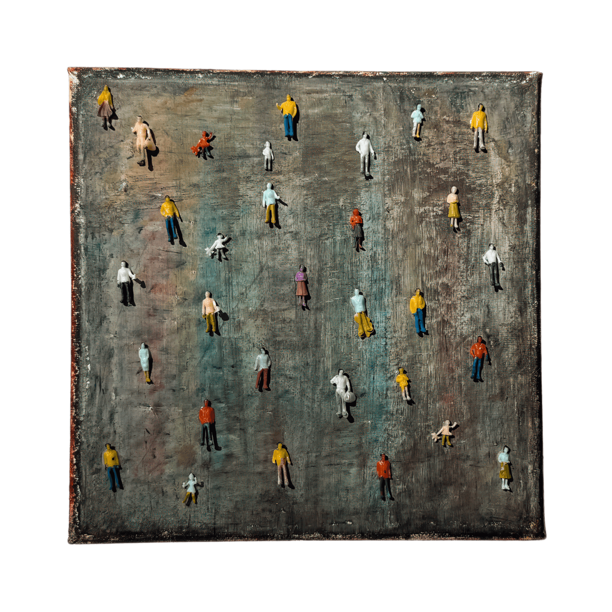 Mixed media artwork 'Imperfection' with miniature figures on a textured surface by artist BRYCE.