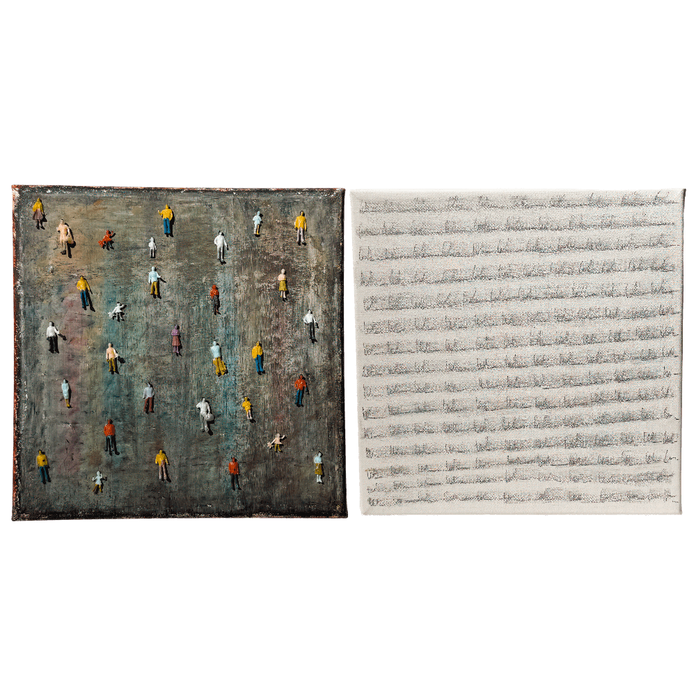 Mixed media art titled 'Imperfection' featuring miniature figures and abstract layers by artist Bryce.