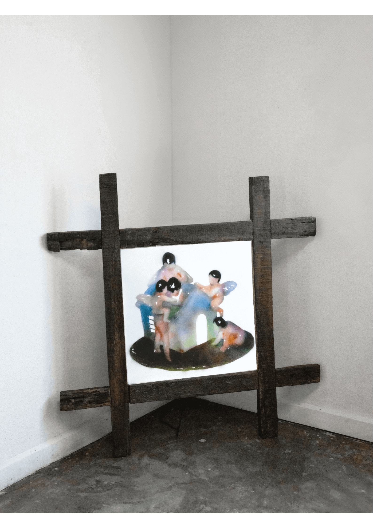 Abstract mixed media artwork by Yasy Bachurina, featuring figures in a whimsical scene, framed in handmade wooden support.