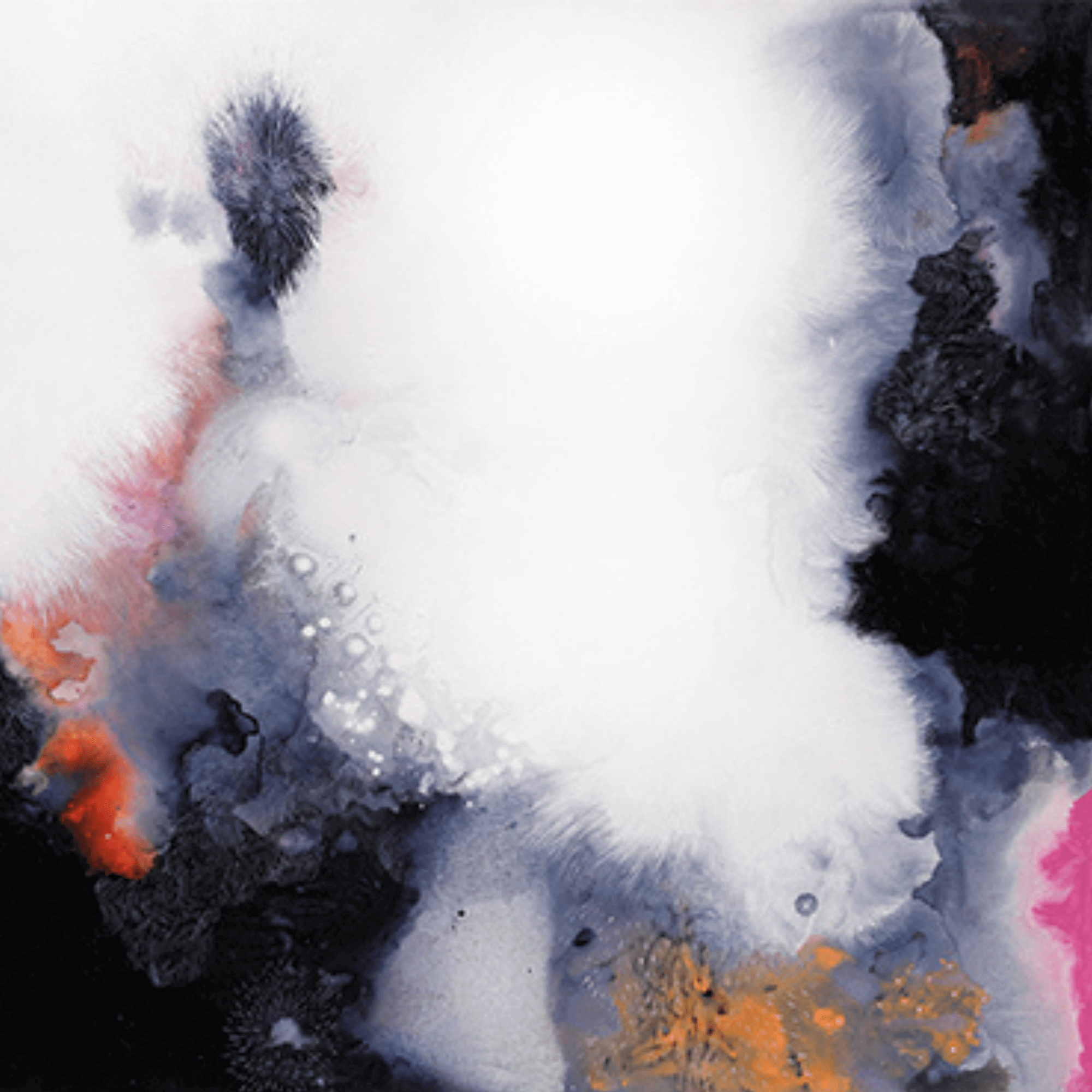 Abstract watercolor painting with swirling black, white, and orange hues creating an ethereal and expressive design.