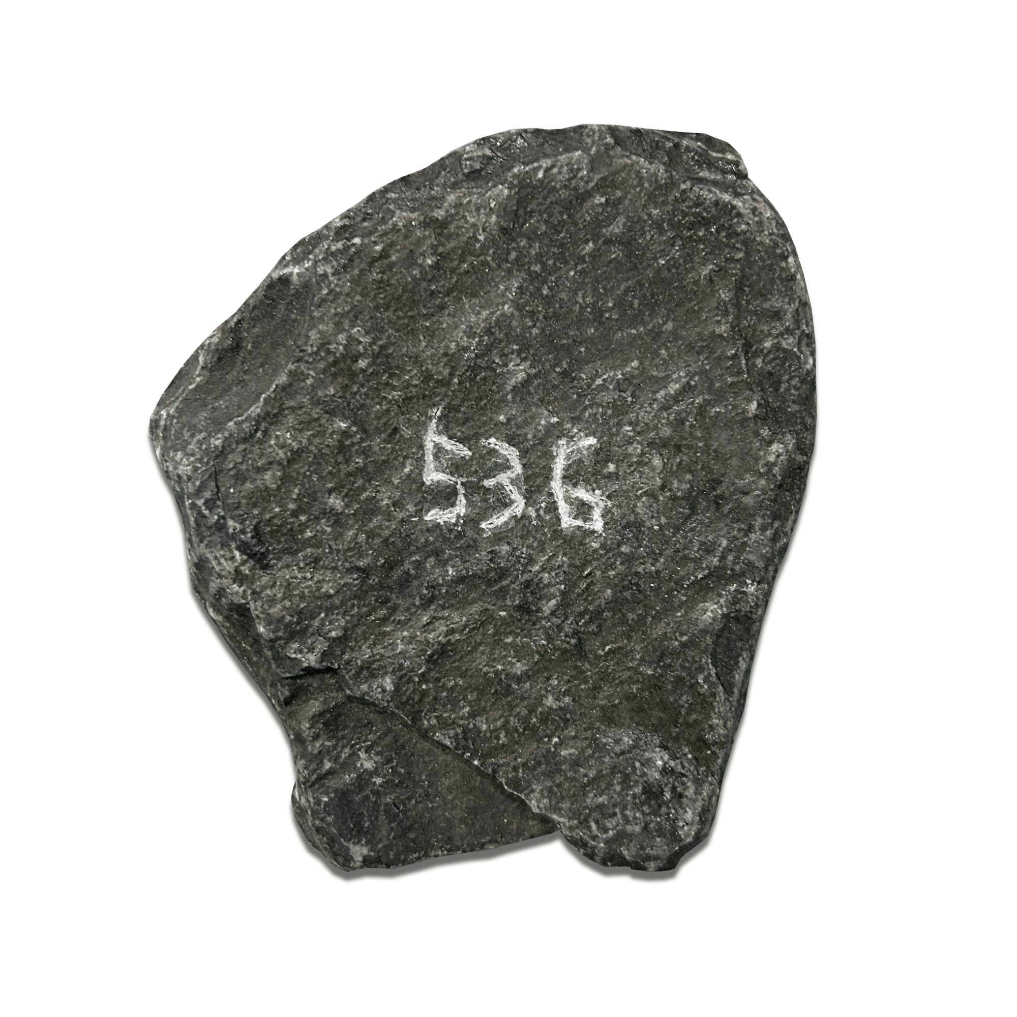 Gray rock with the numerical marking '536' in white chalk, isolated on a white background.