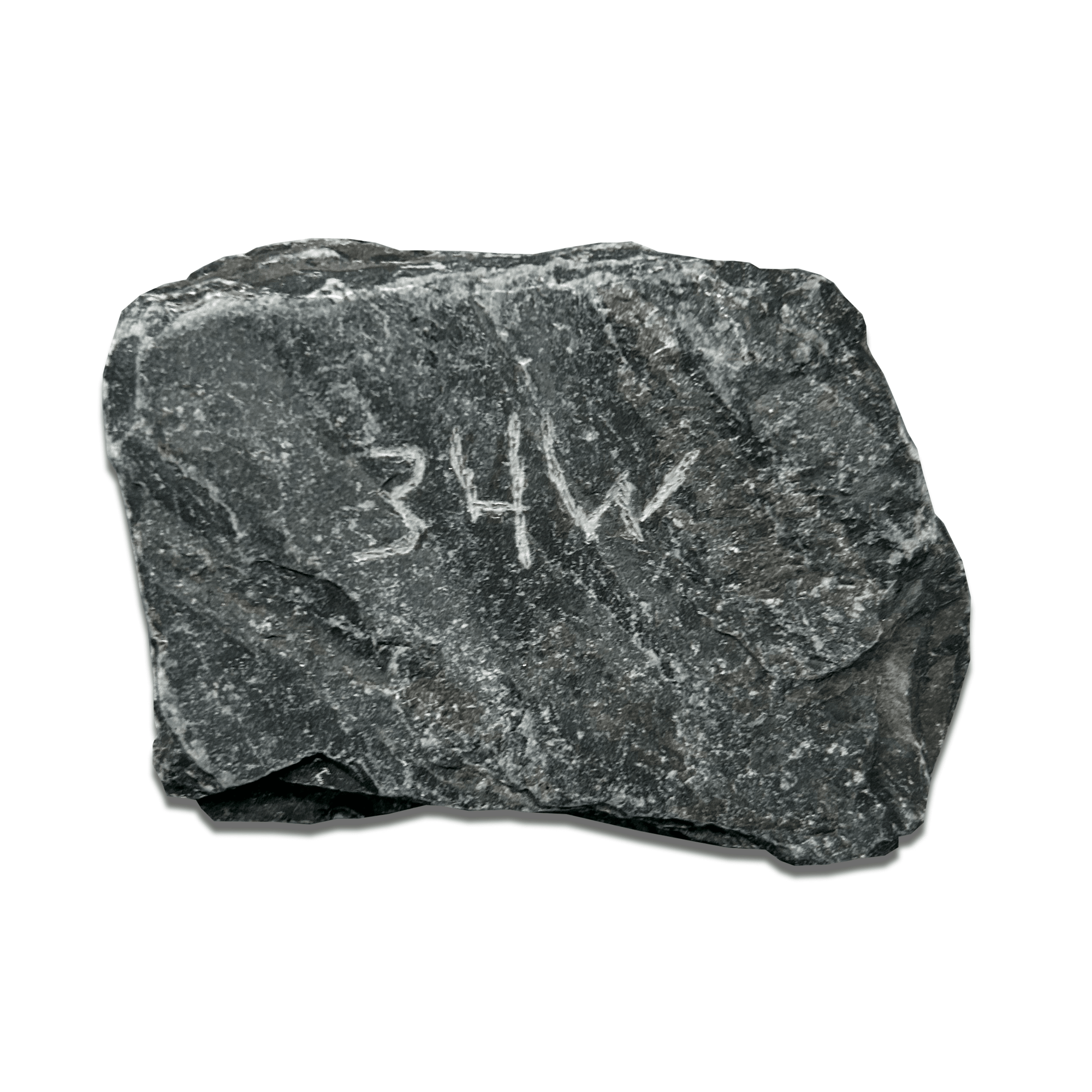 Gray rock with the number '34W' etched on its surface, isolated on a white background.