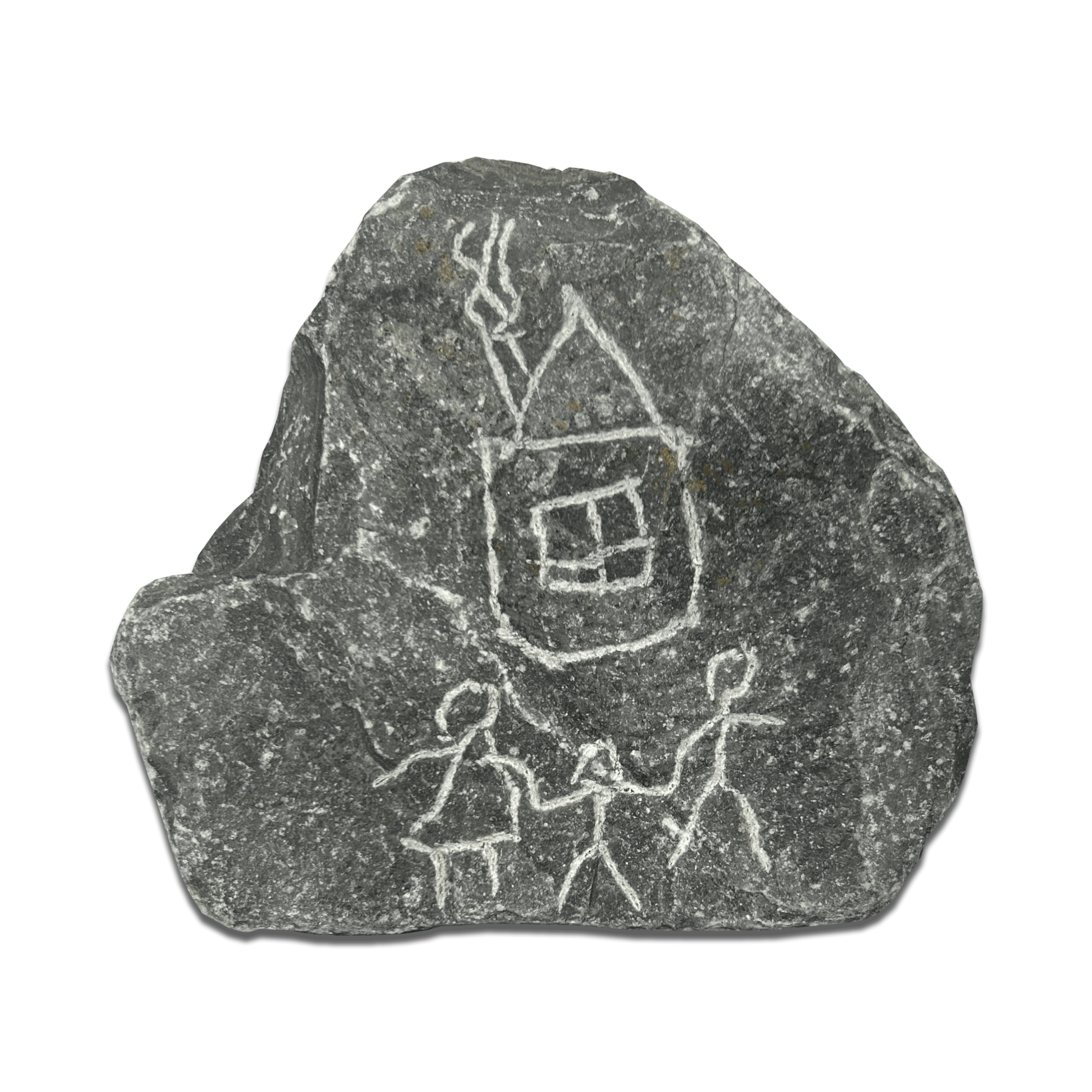 Petroglyph on stone depicting a house and two figures holding hands, representing family and community.
