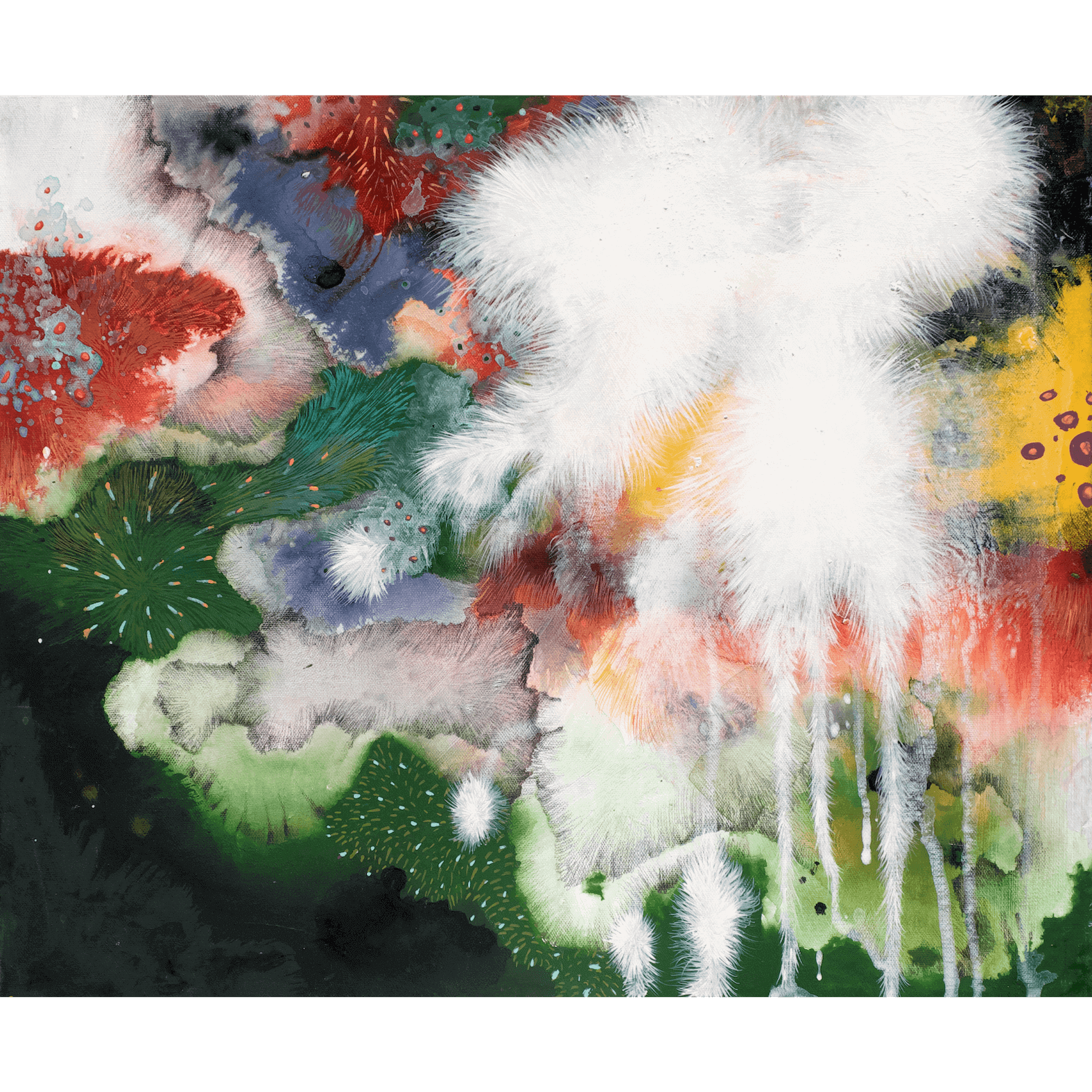 Vibrant abstract expressionist artwork featuring colorful textures and fluid shapes on canvas.