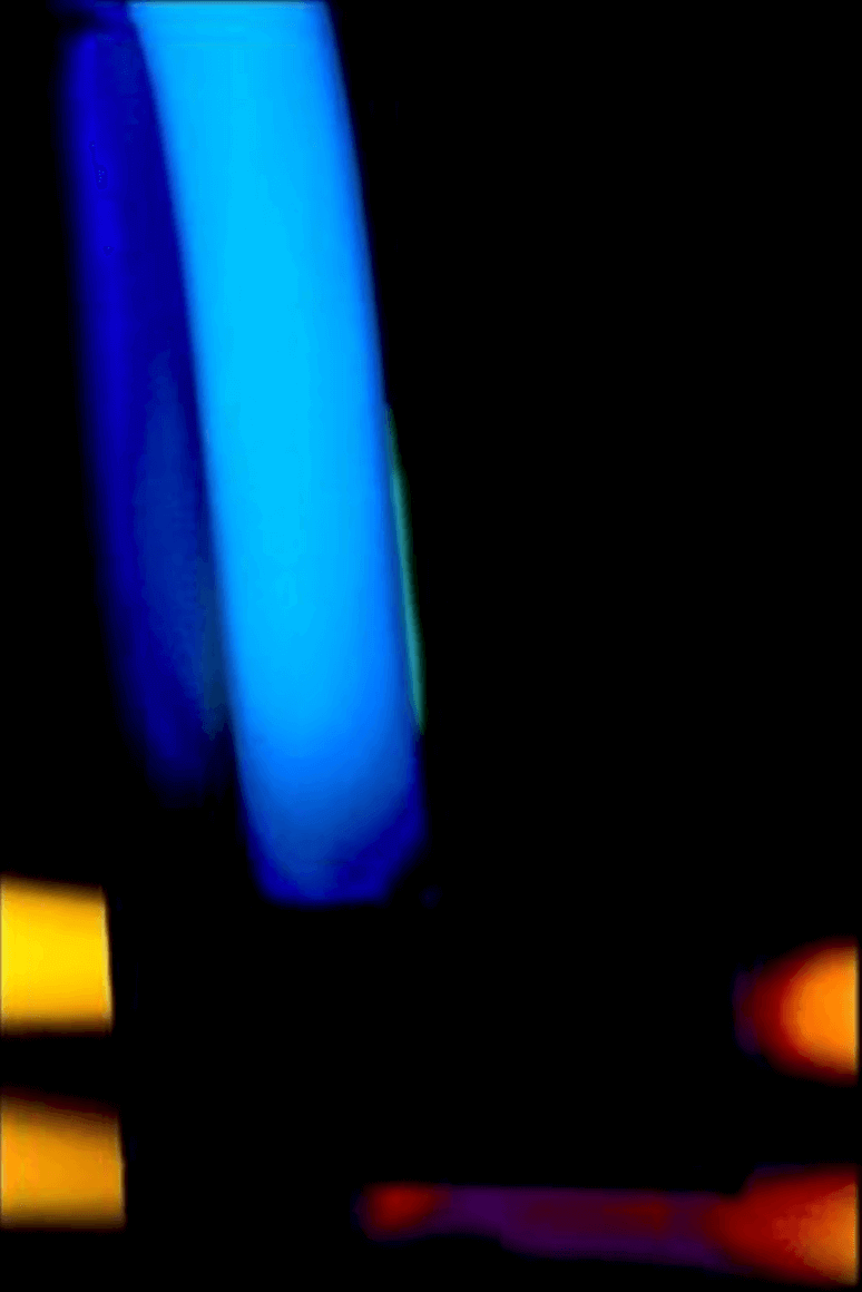 Abstract painting with blue beam and yellow accents by Rudolf Beger, 2003-2024, peintography on canvas, 76 H x 51 W cm, unframed.