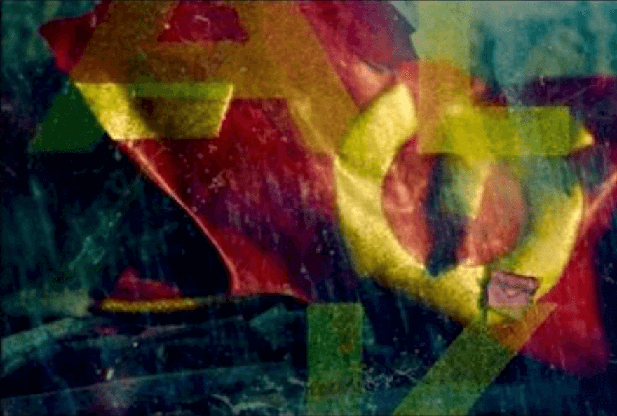 Abstract peinture by Rudolf Beger, "Passion Works from the Inside Out 2", 2003-2024. Red, green, and yellow hues, 40 x 60 cm. Plastic print.