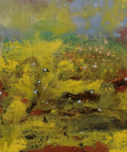 Abstract expressionism artwork 'Memories of Green 05' by Supmanee Chaisansuk, showcasing vibrant textures and colors.