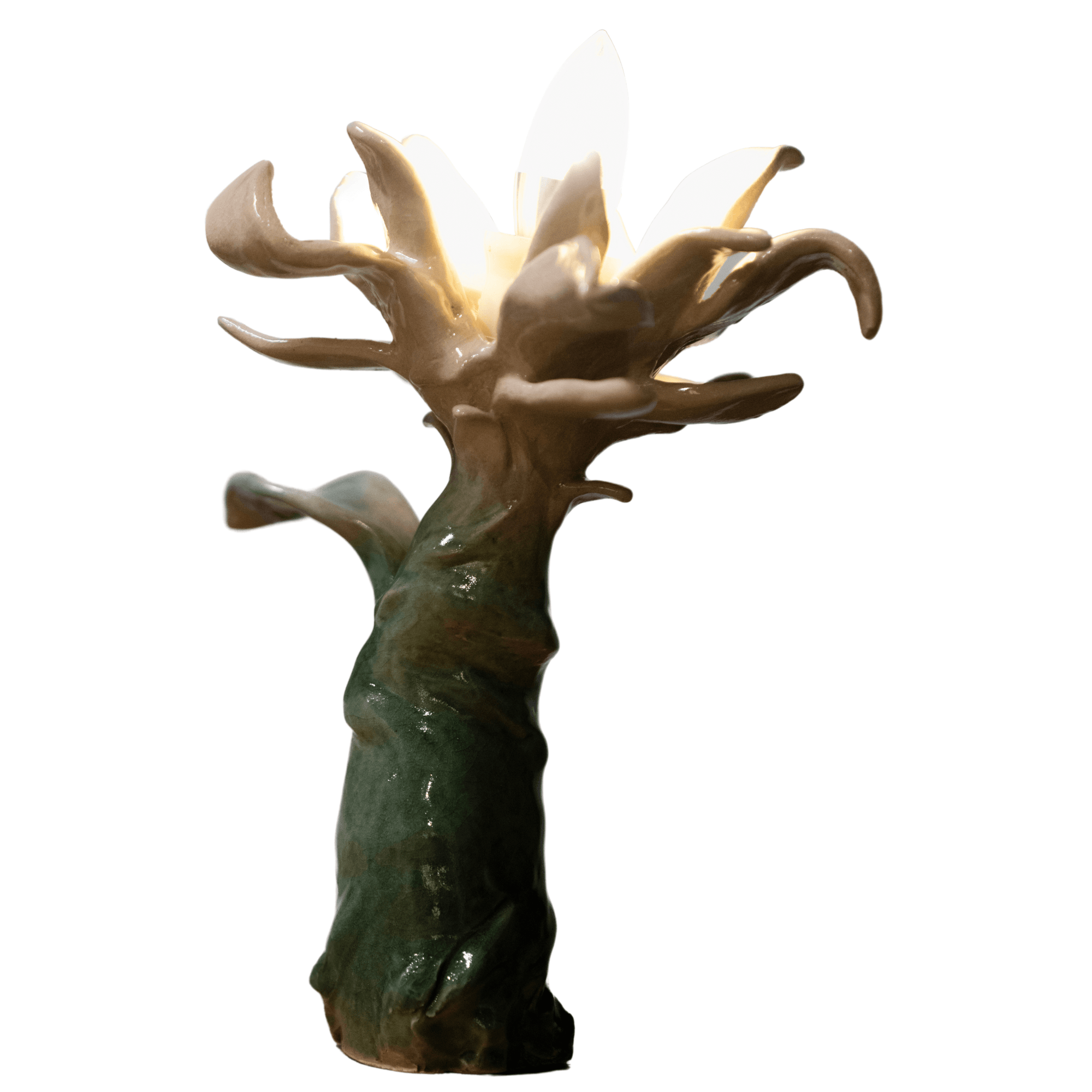 Abstract ceramic sculpture by Yasy Bachurina with integrated light, resembling an organic flower form.