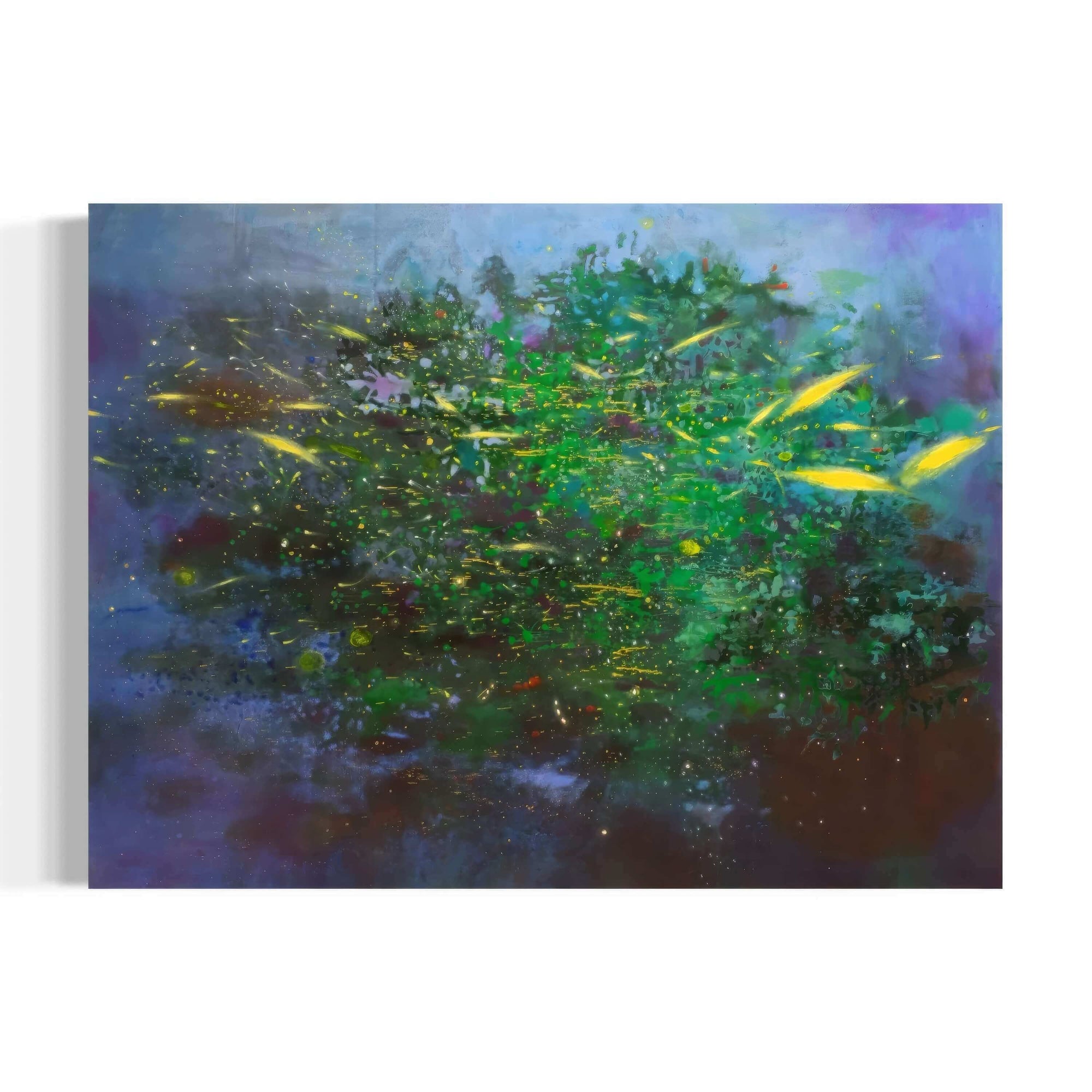 Abstract acrylic painting featuring vibrant green hues and fluorescence colors, inspired by nature and emotions.