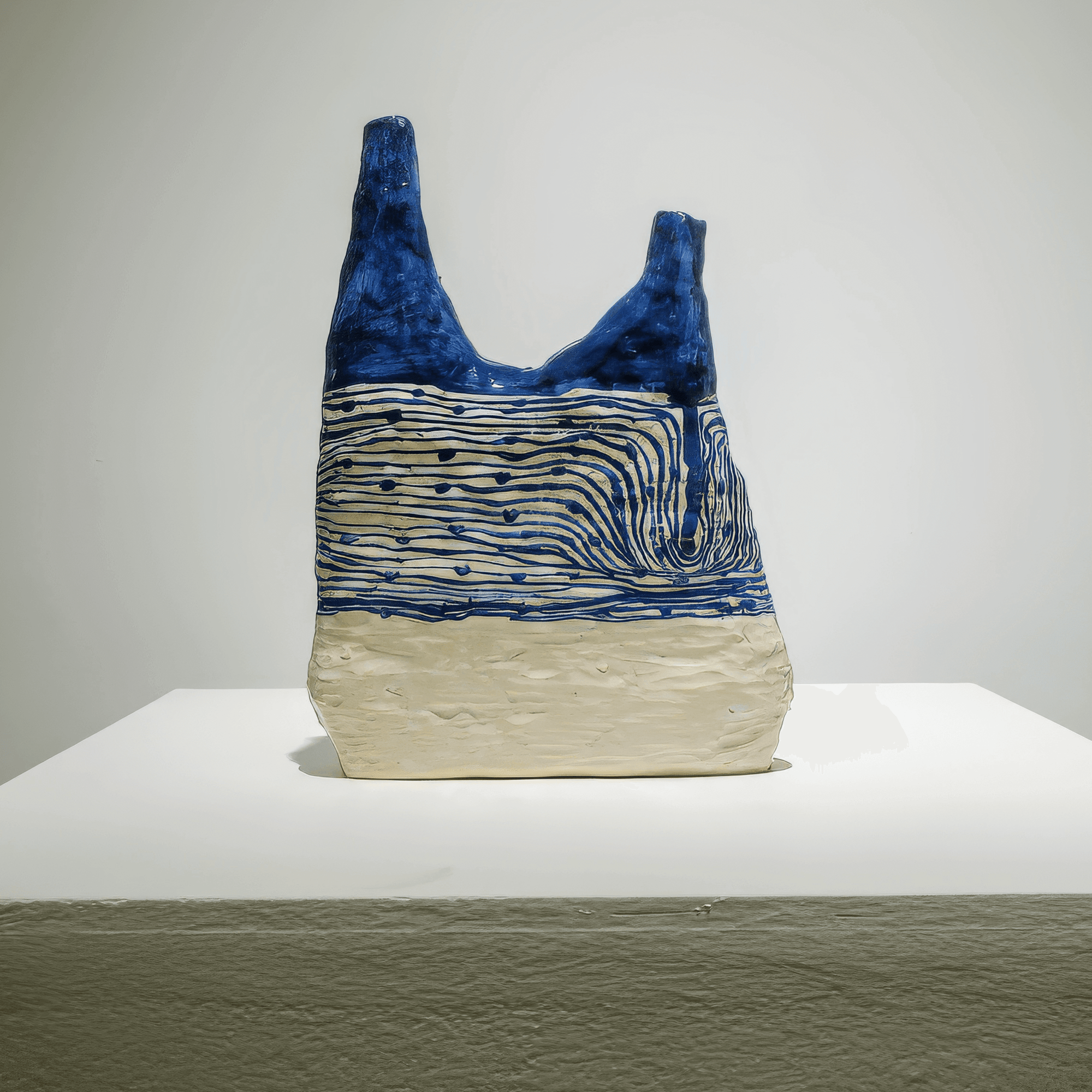 Abstract ceramic artwork 'Blue Horizon' by Supmanee Chaisansuk, featuring cobalt glaze and minimalist design.