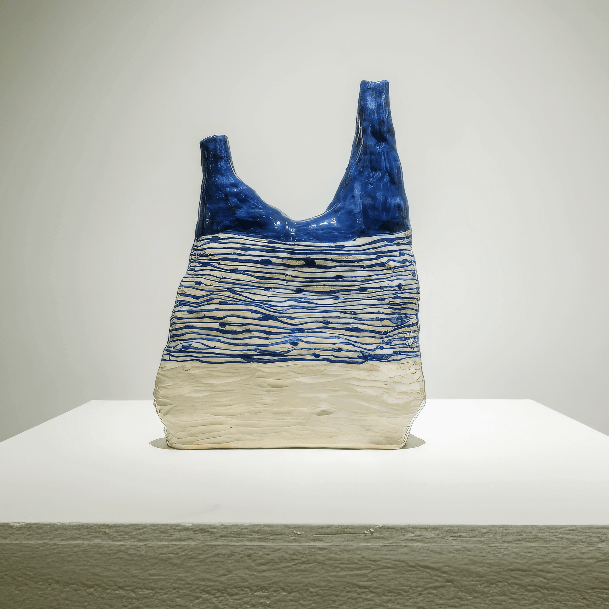 Hand-sculpted ceramic art piece, Blue Horizon by Supmanee Chaisansuk, featuring abstract blue and white design.