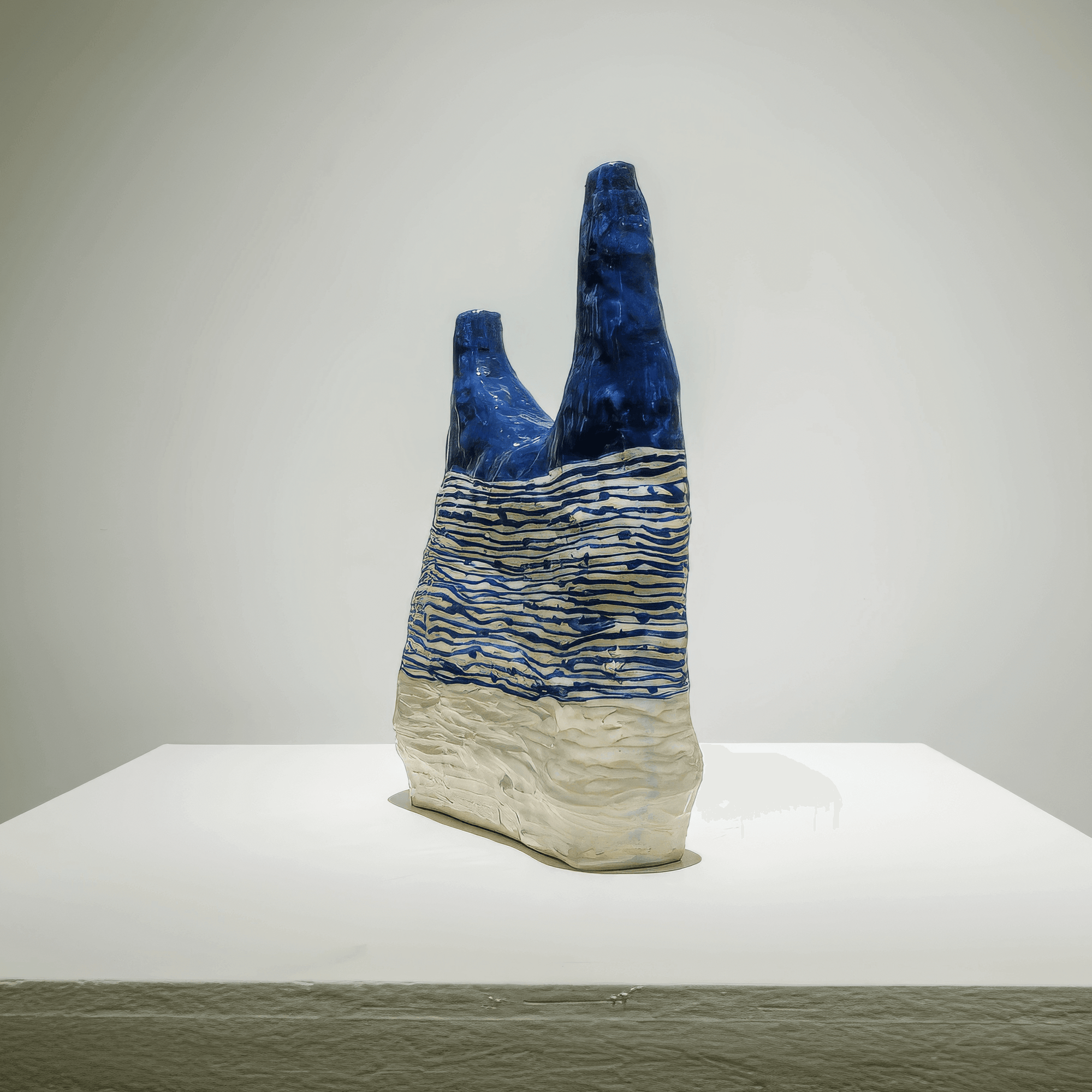 Hand-sculpted ceramic art piece 'Blue Horizon' by Supmanee Chaisansuk, abstract minimalism, cobalt glaze finish.